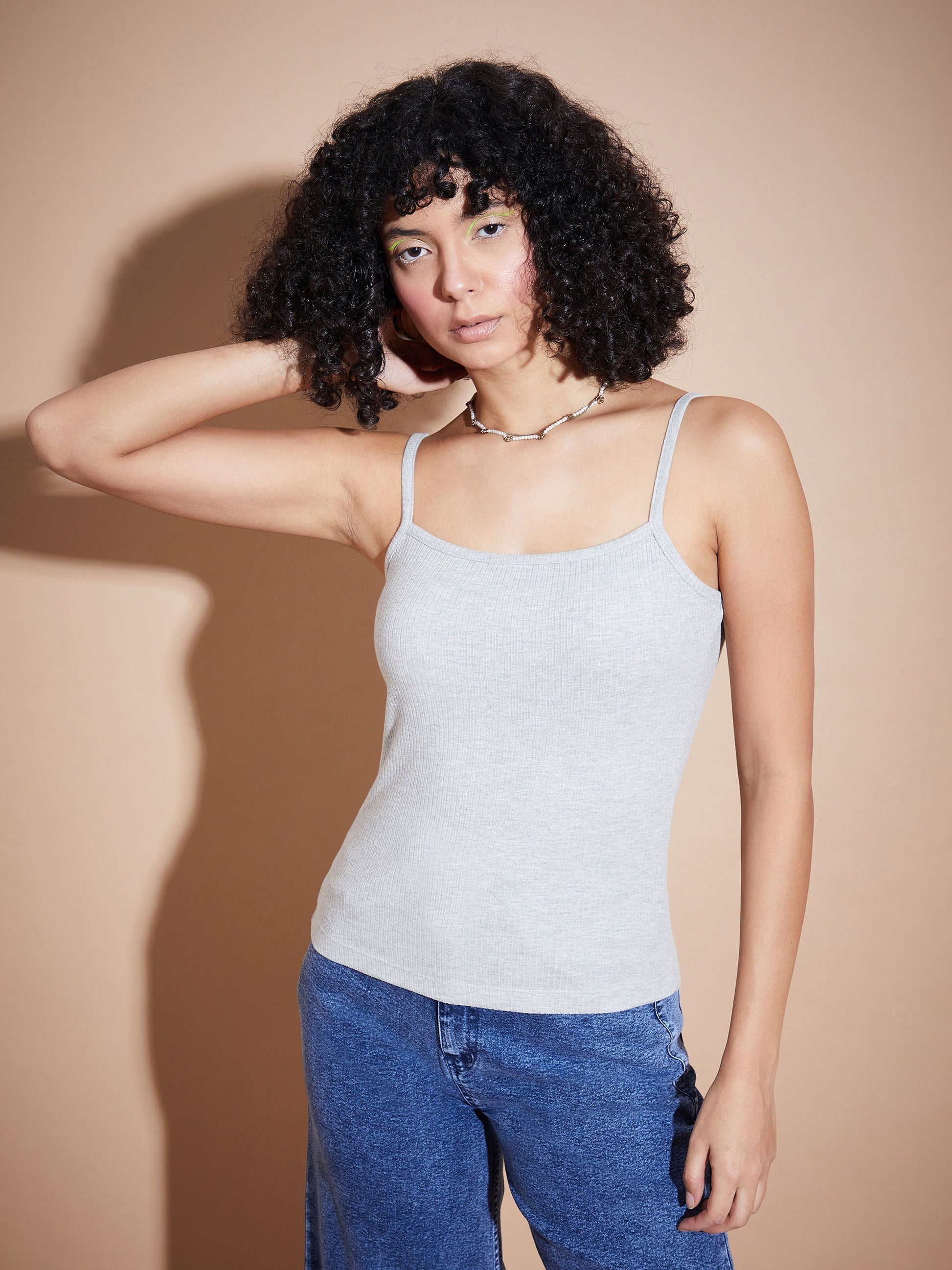 Melange Grey Rib Square Neck Strappy Top-SASSAFRAS BASICS