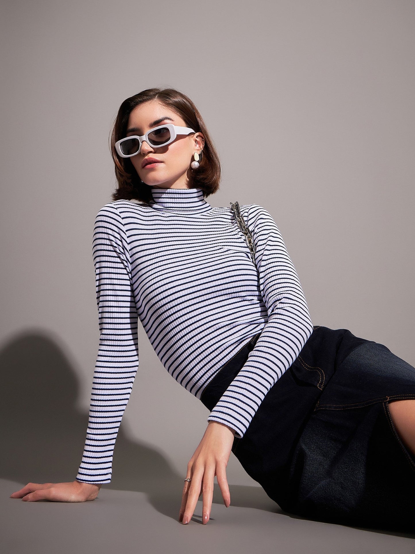 Navy & White Striped Rib High Neckib Top-SASSAFRAS
