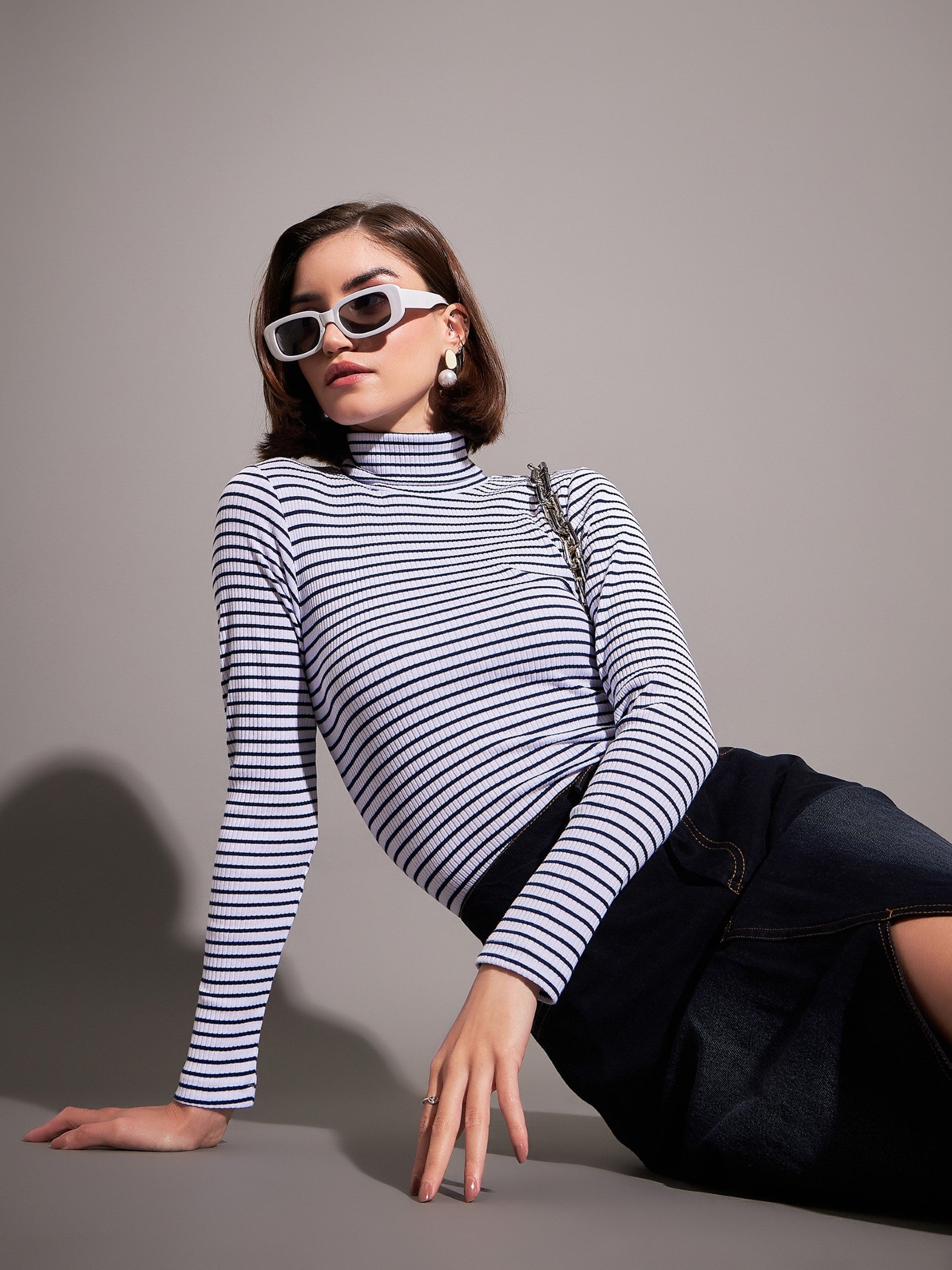 Navy & White Striped Rib High Neckib Top-SASSAFRAS