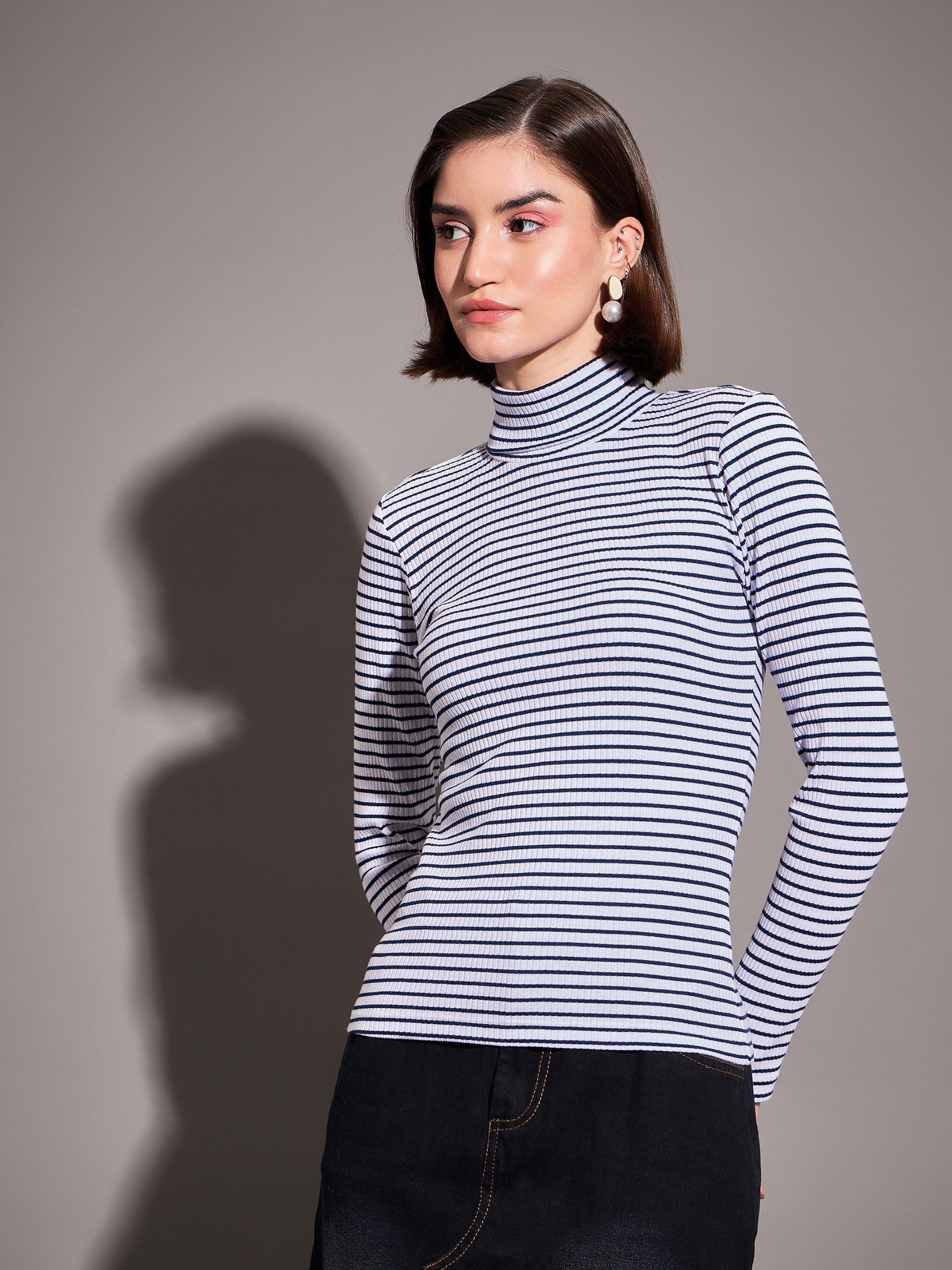 Navy & White Striped Rib High Neckib Top-SASSAFRAS