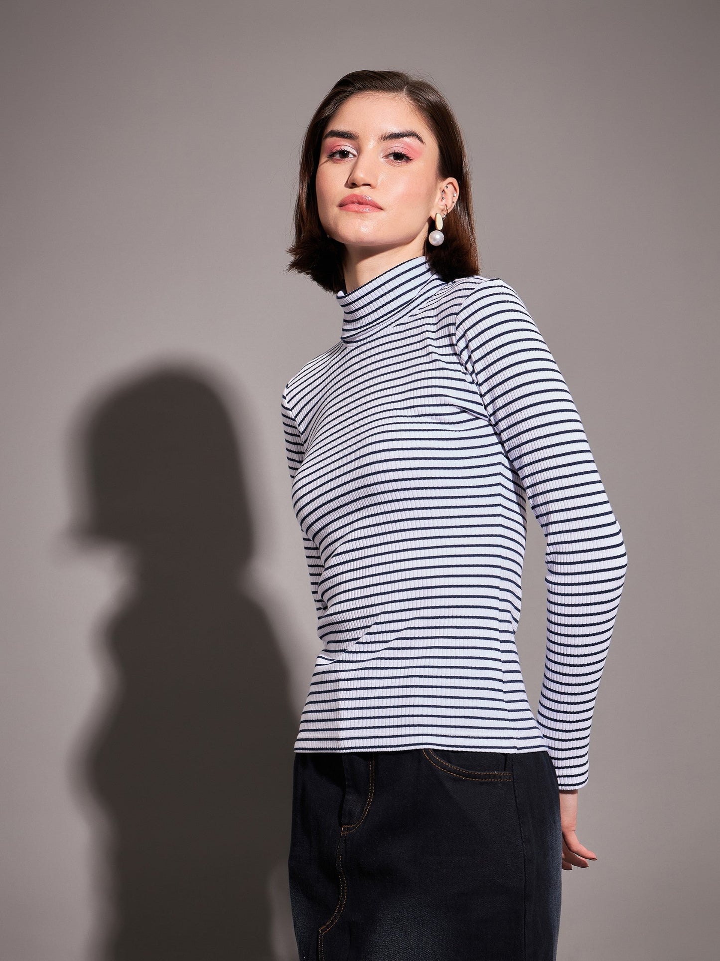 Navy & White Striped Rib High Neckib Top-SASSAFRAS