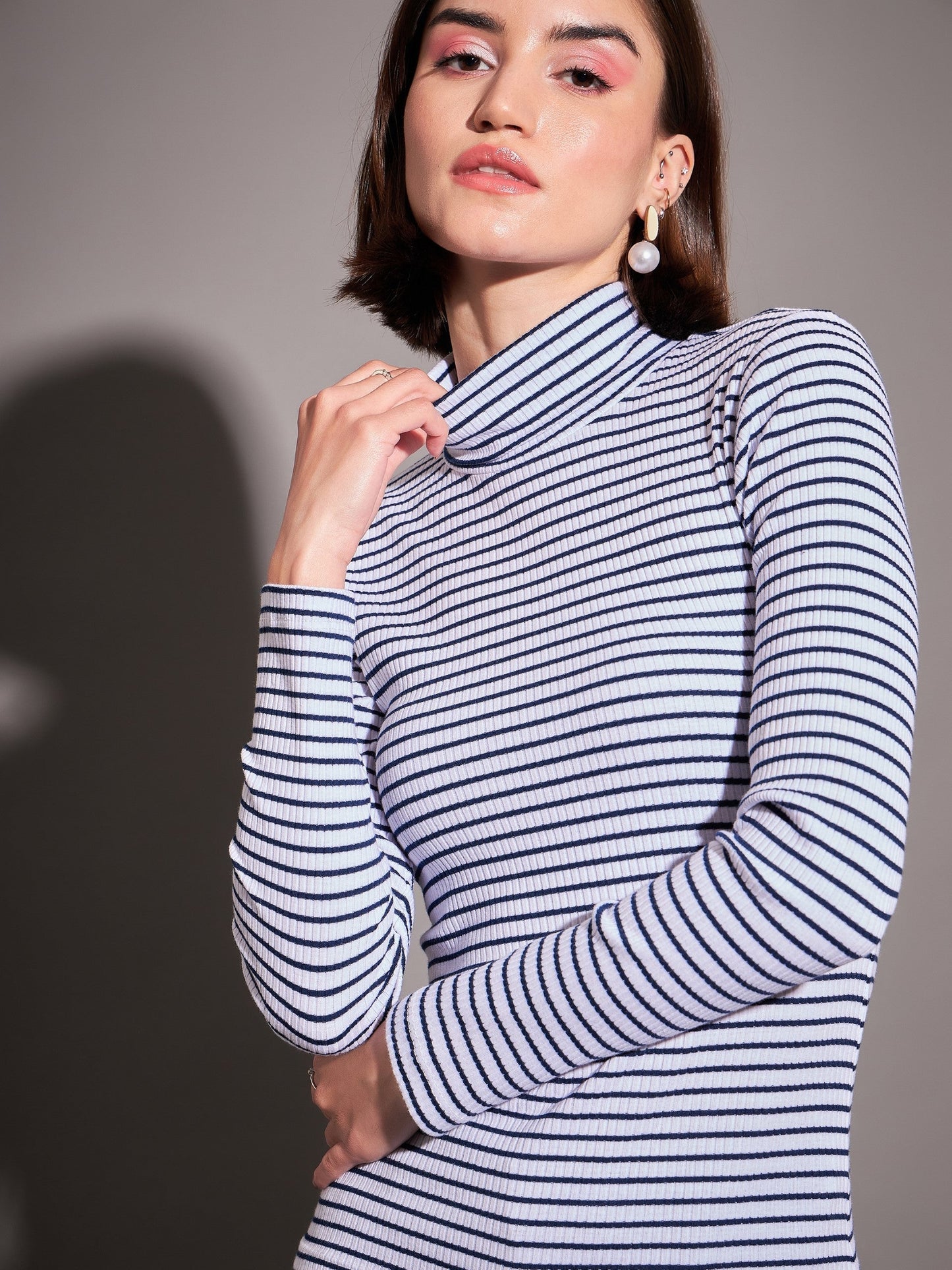 Navy & White Striped Rib High Neckib Top-SASSAFRAS