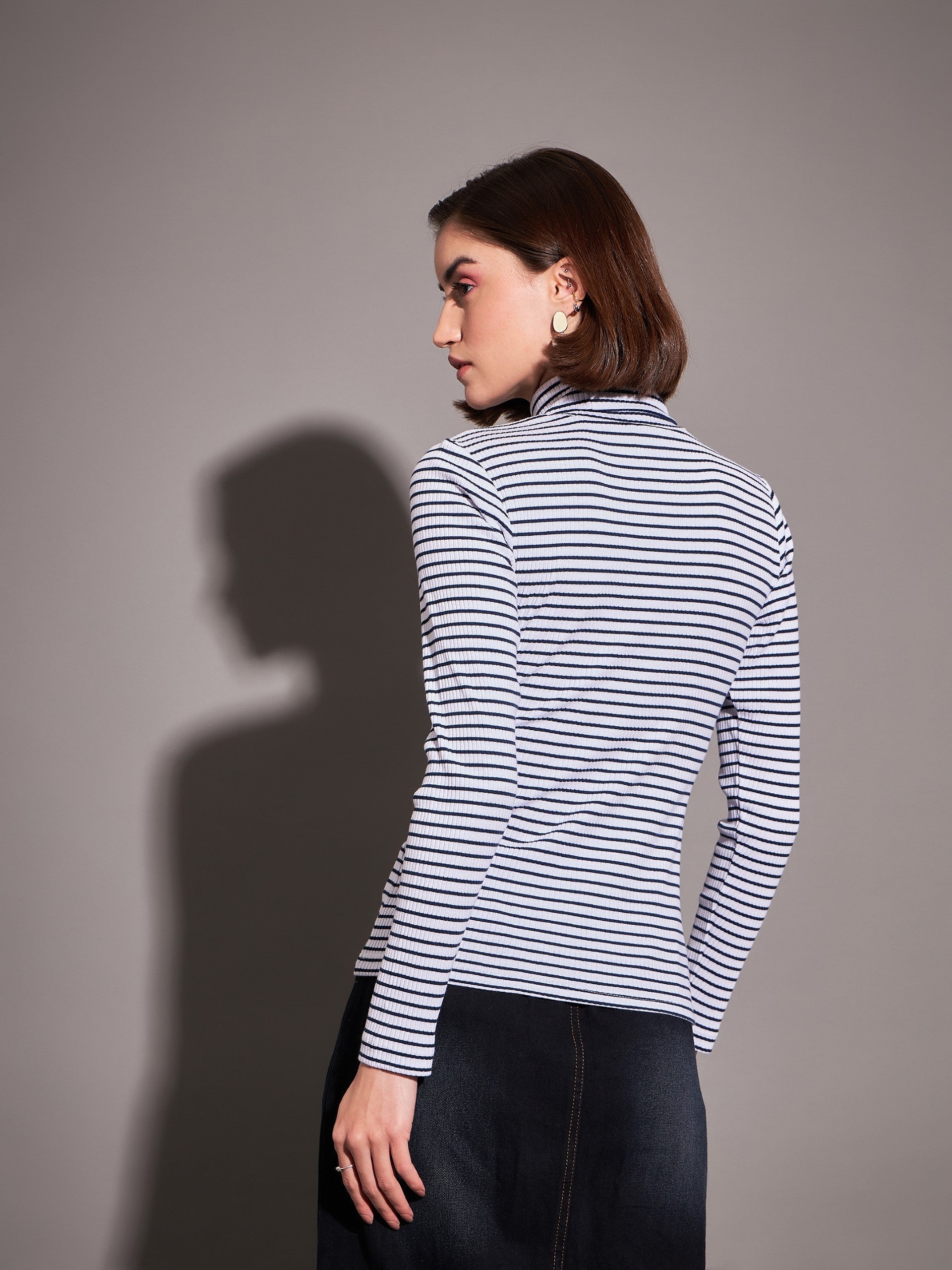 Navy & White Striped Rib High Neckib Top-SASSAFRAS