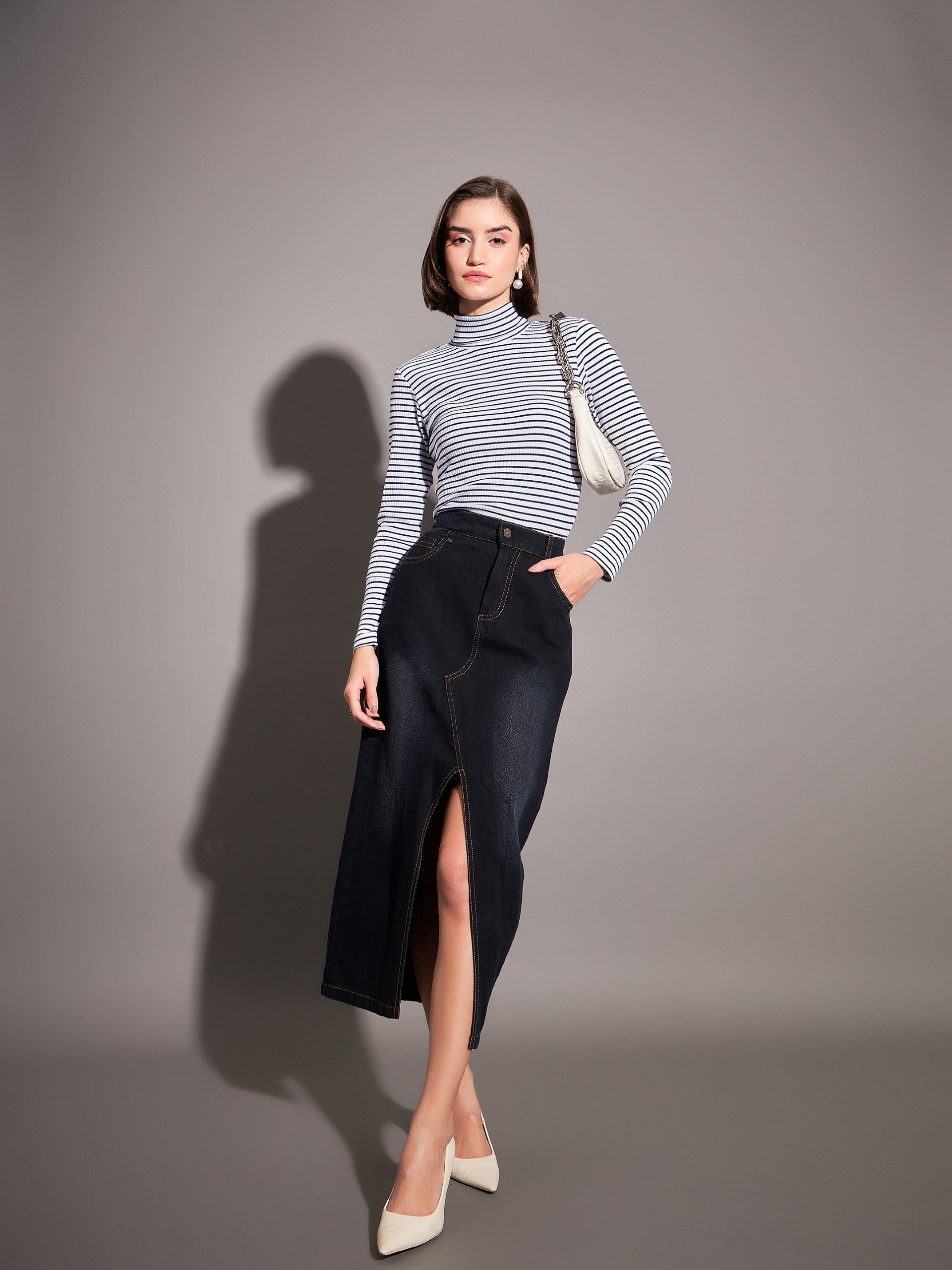 Navy & White Striped Rib High Neckib Top-SASSAFRAS