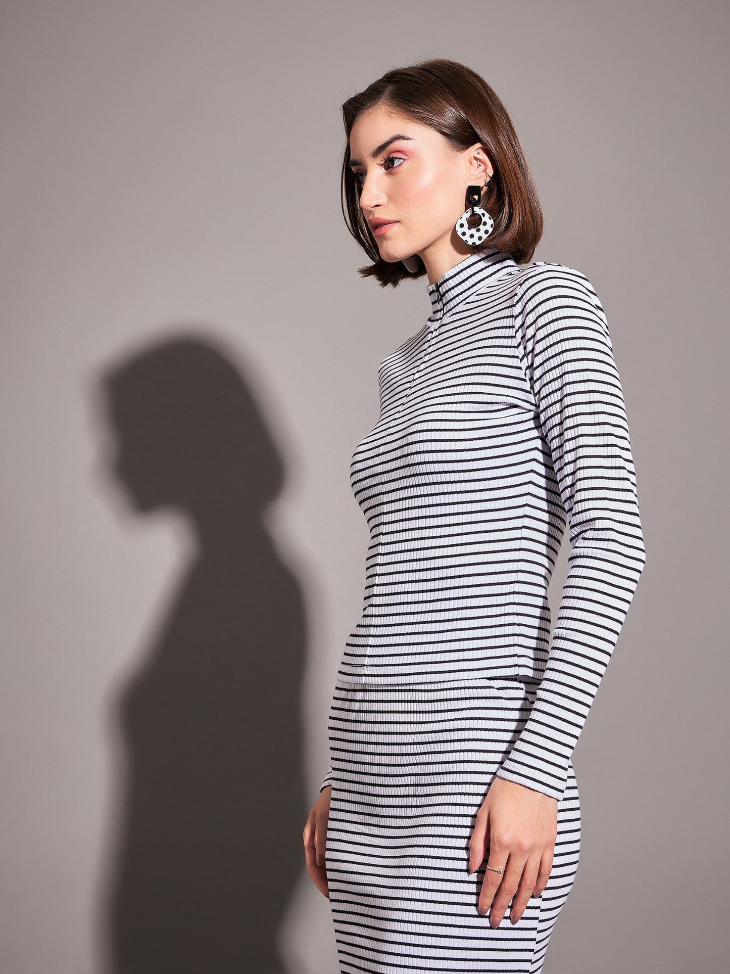 Black & White Striped Rib High Neck Front Zipper Top-SASSAFRAS