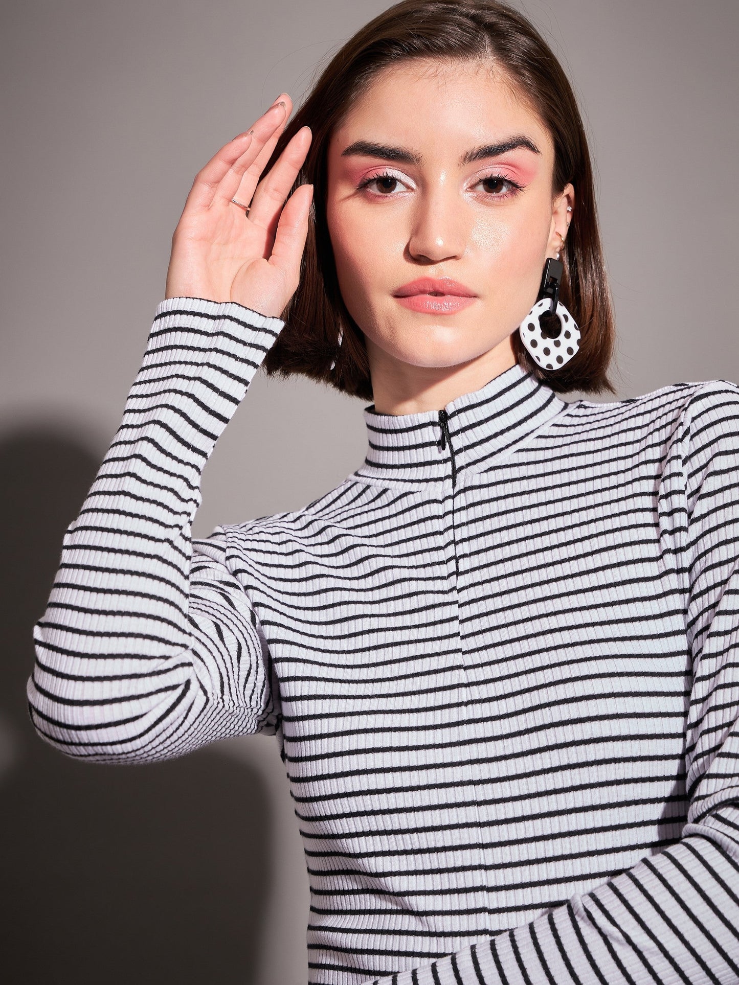 Black & White Striped Rib High Neck Front Zipper Top-SASSAFRAS