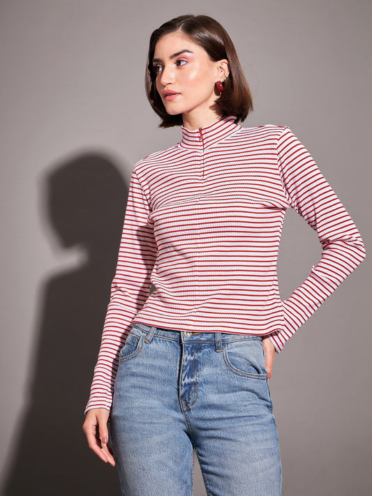 Red & White Striped Rib High Neck Front Zipper Top-SASSAFRAS