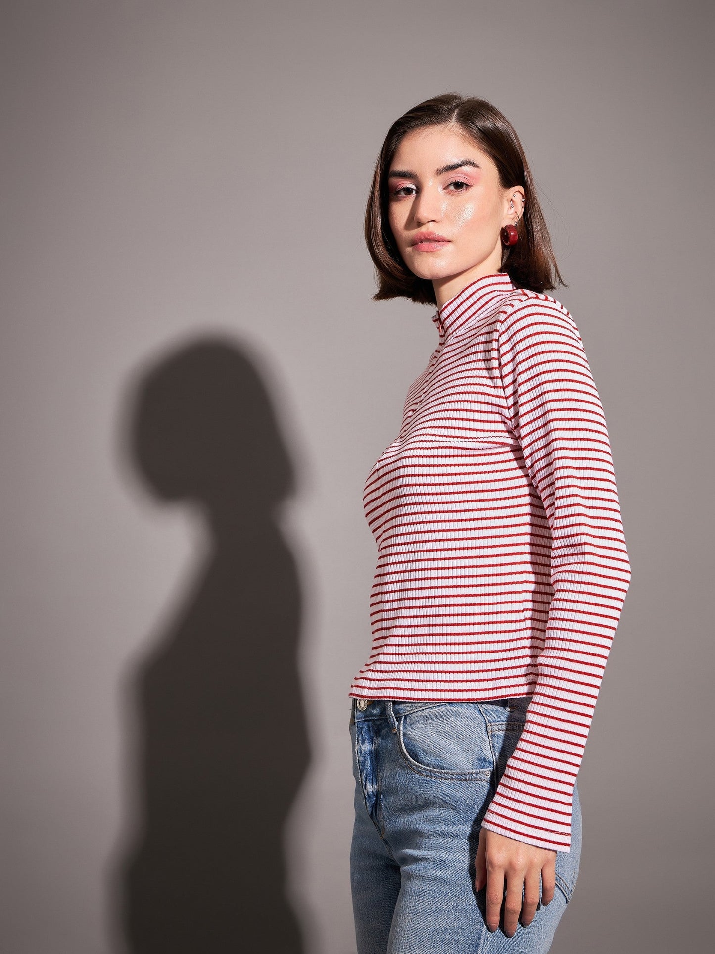 Red & White Striped Rib High Neck Front Zipper Top-SASSAFRAS