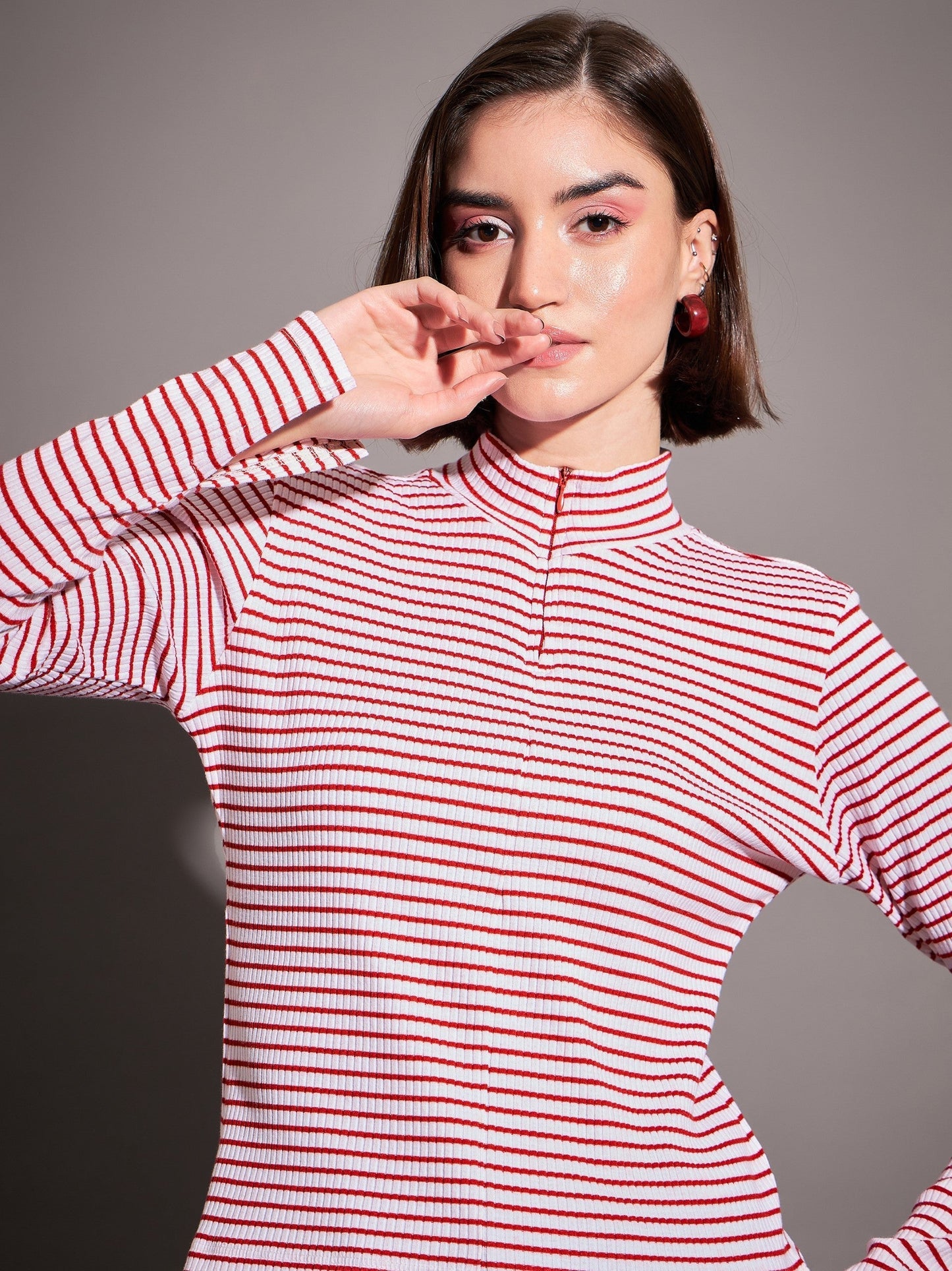 Red & White Striped Rib High Neck Front Zipper Top-SASSAFRAS