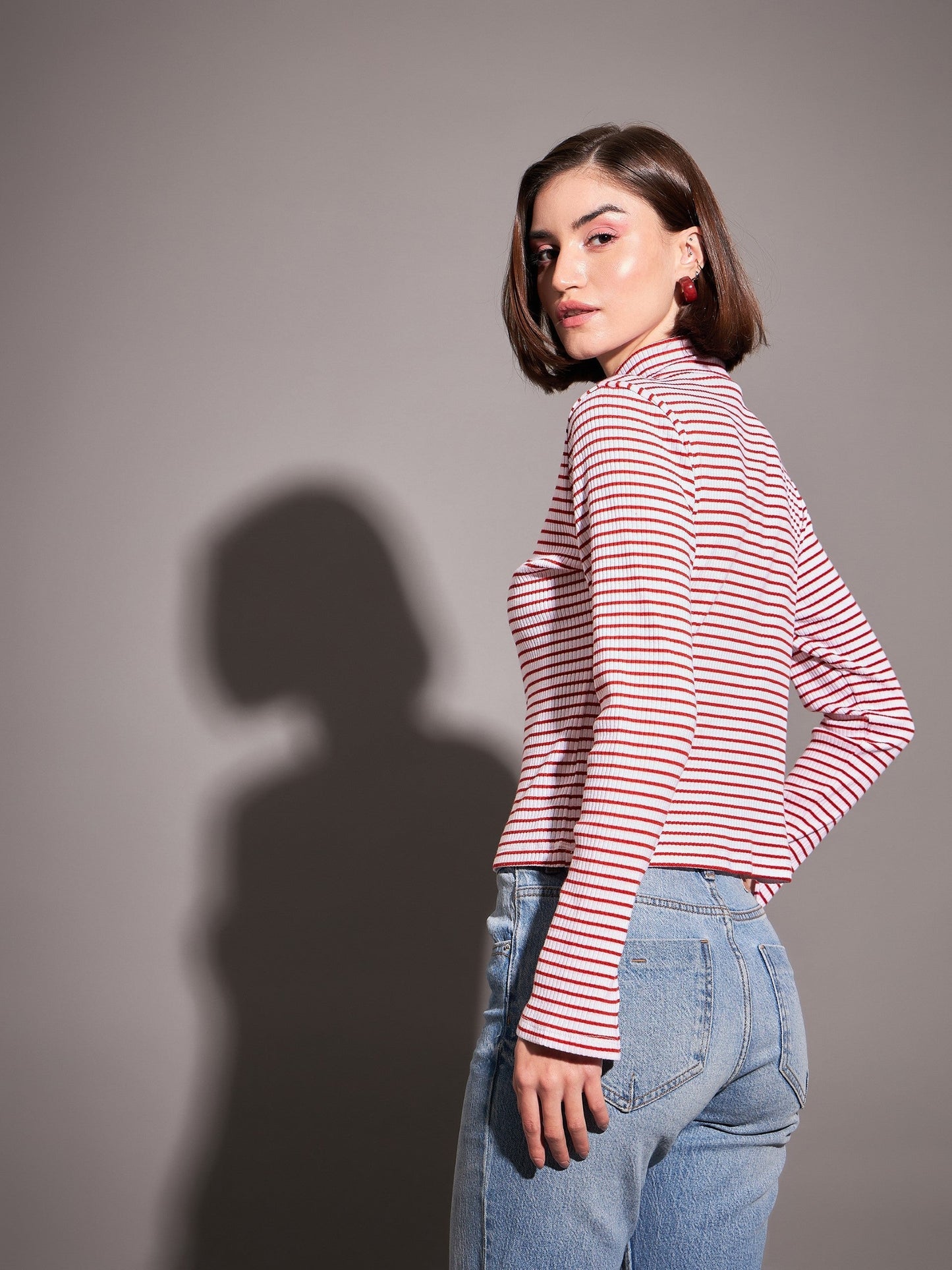 Red & White Striped Rib High Neck Front Zipper Top-SASSAFRAS