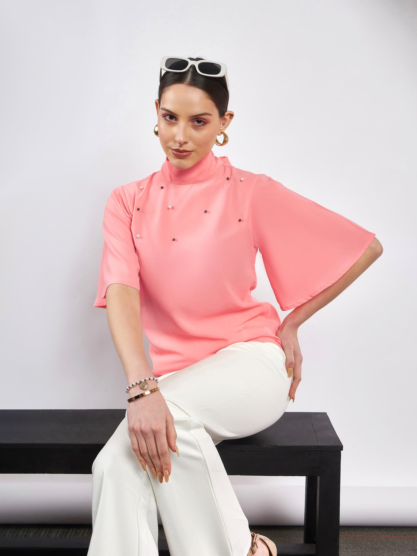 Women Peach Pearl Studded Top