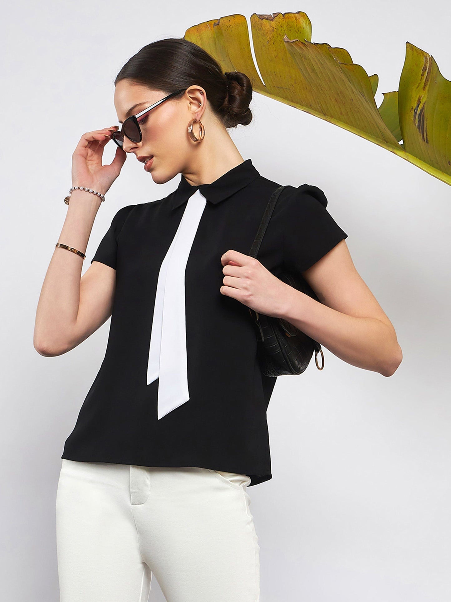 Black Neck Tie Detail Top-SASSAFRAS