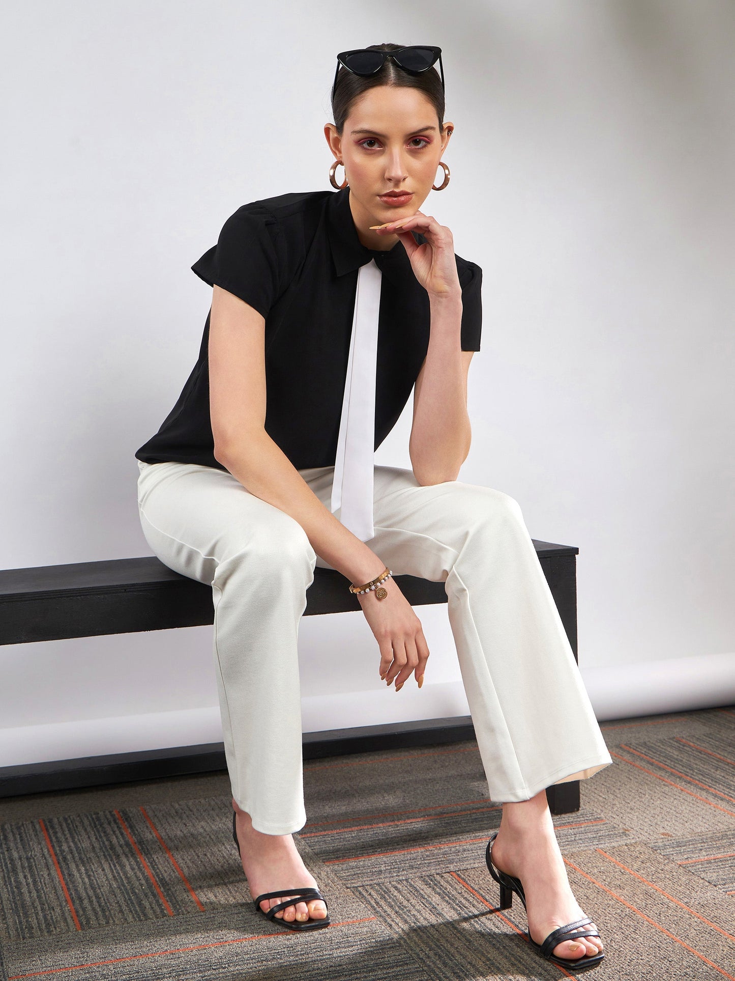 Black Neck Tie Detail Top-SASSAFRAS