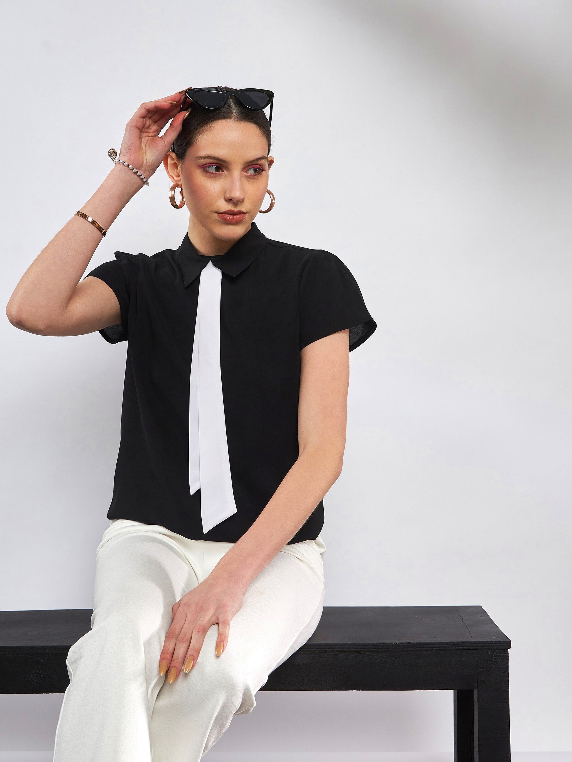 Black Neck Tie Detail Top-SASSAFRAS