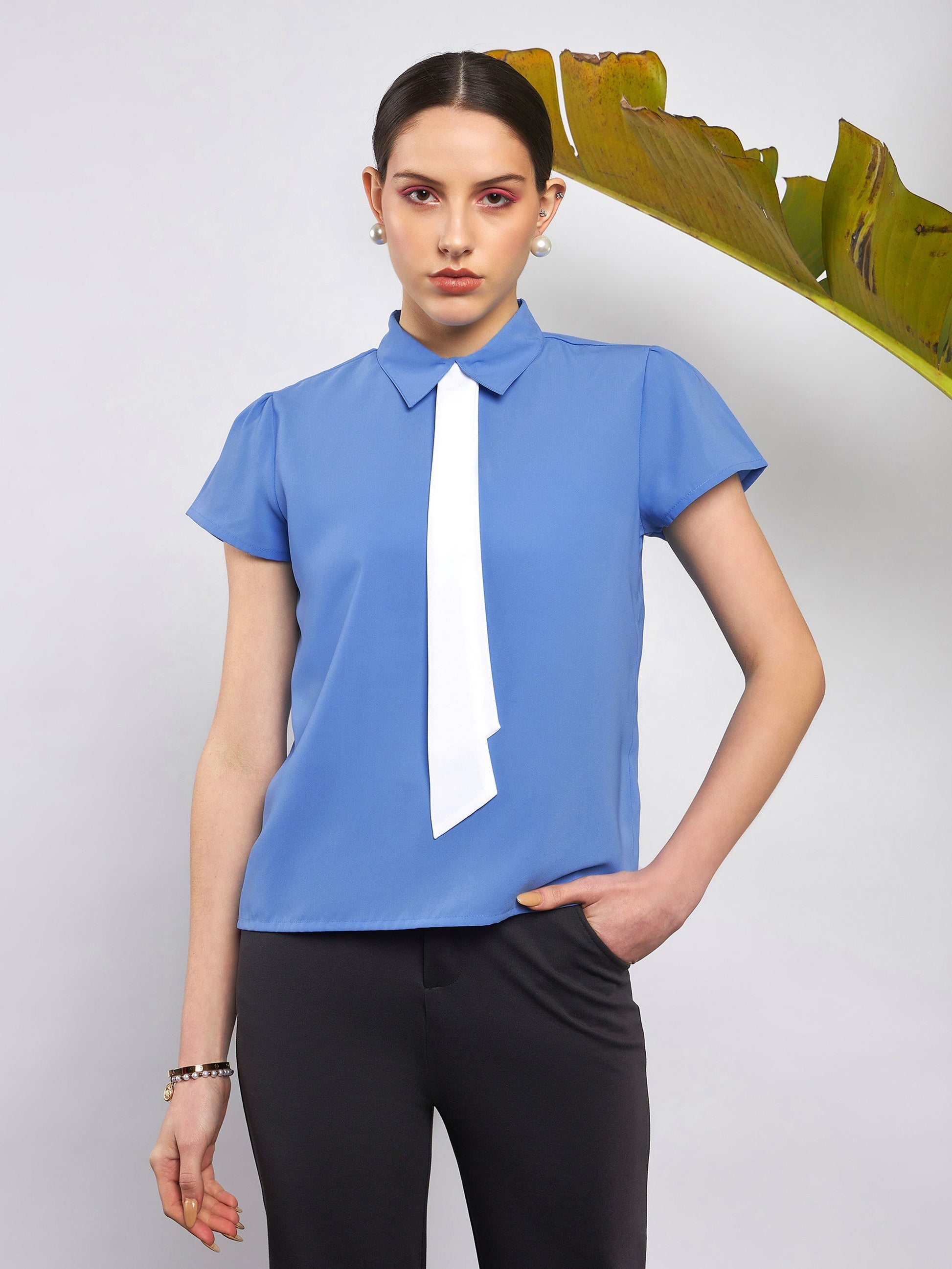 Dull Blue Neck Tie Detail Top-SASSAFRAS
