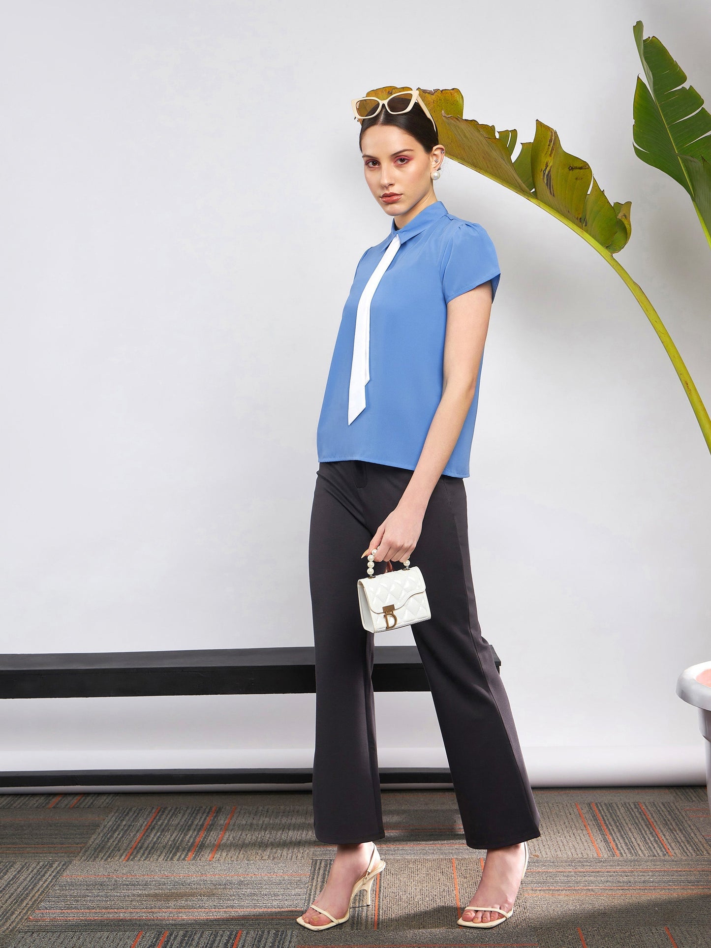 Dull Blue Neck Tie Detail Top-SASSAFRAS