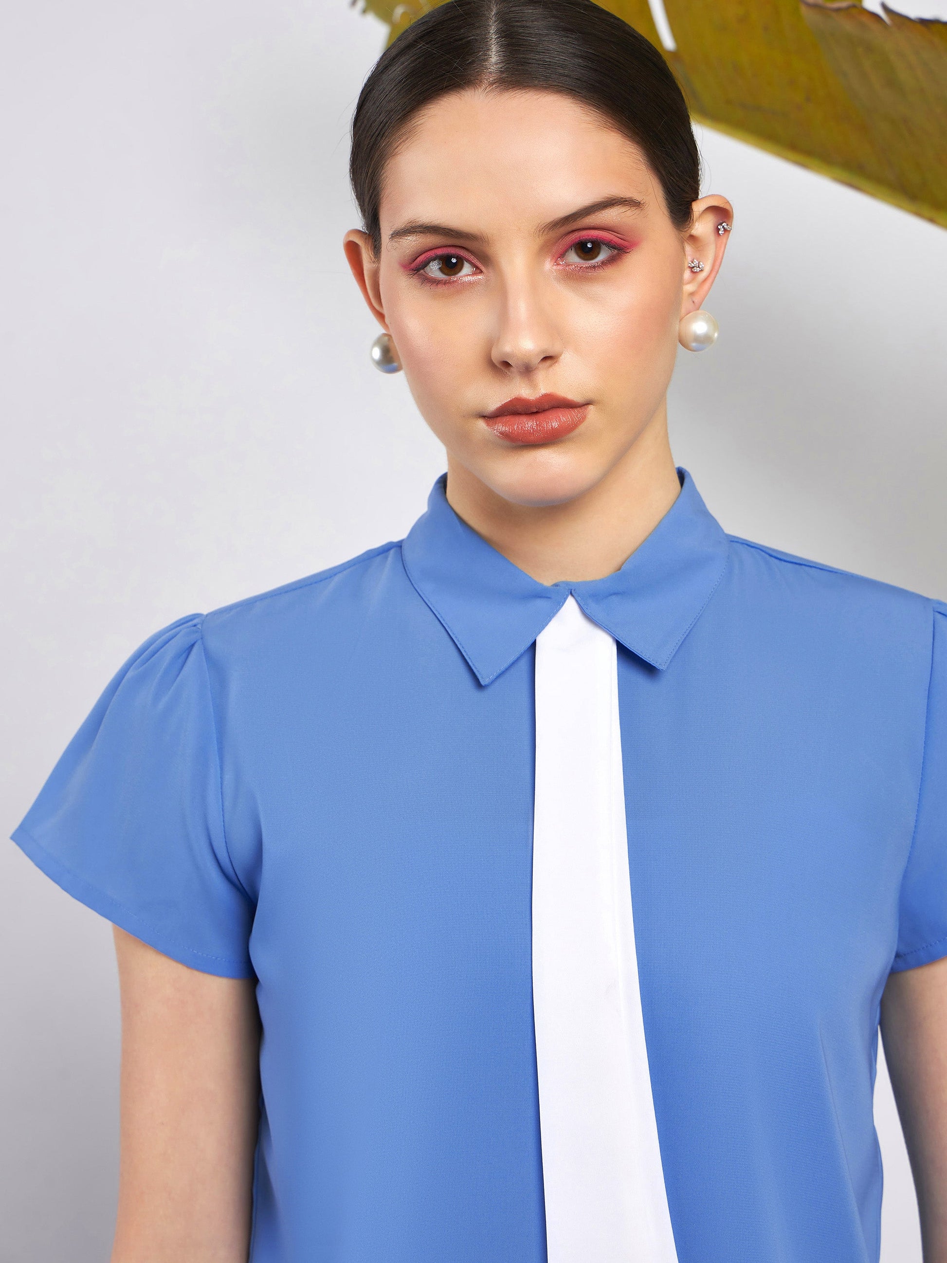 Dull Blue Neck Tie Detail Top-SASSAFRAS