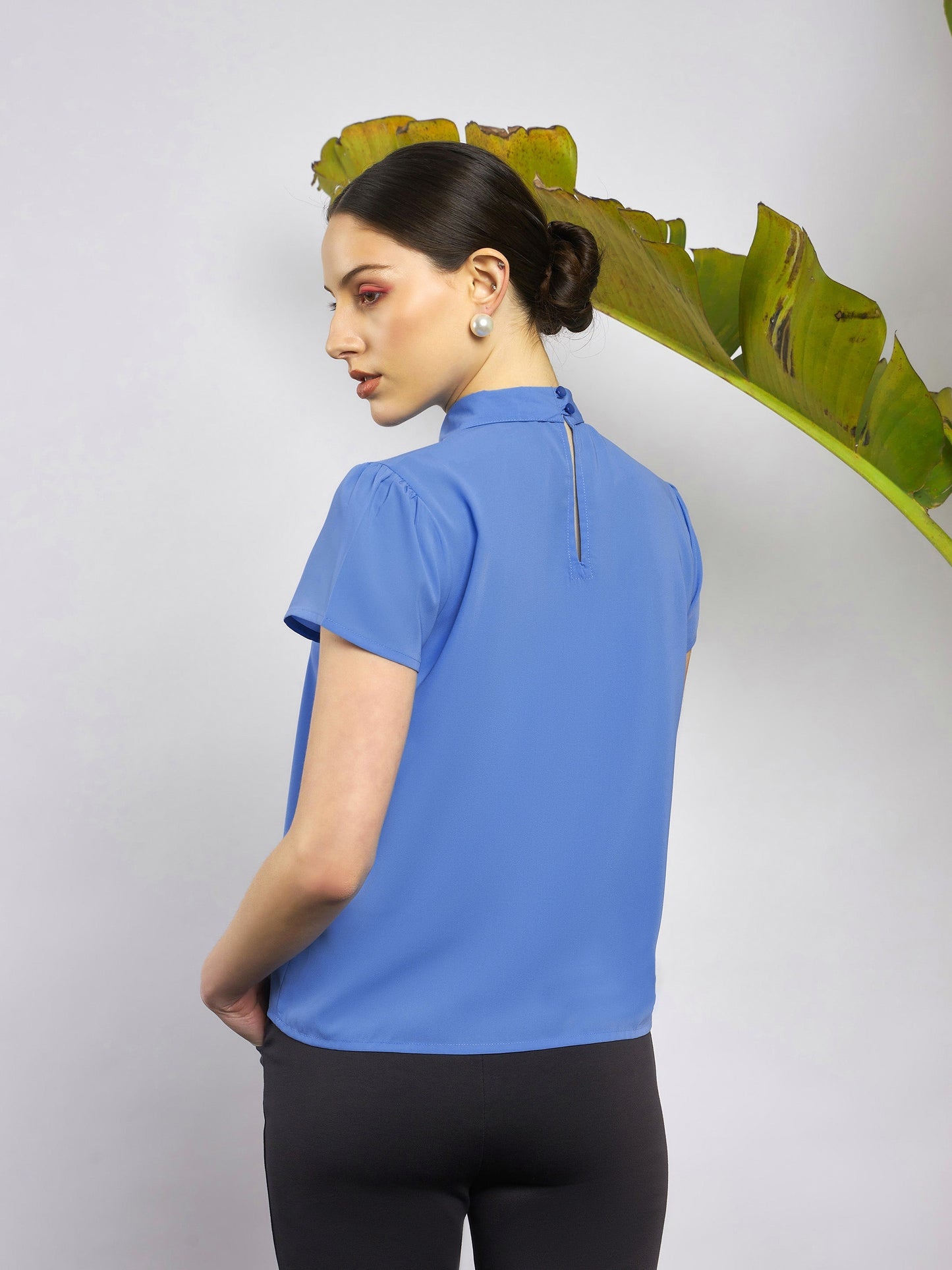 Dull Blue Neck Tie Detail Top-SASSAFRAS