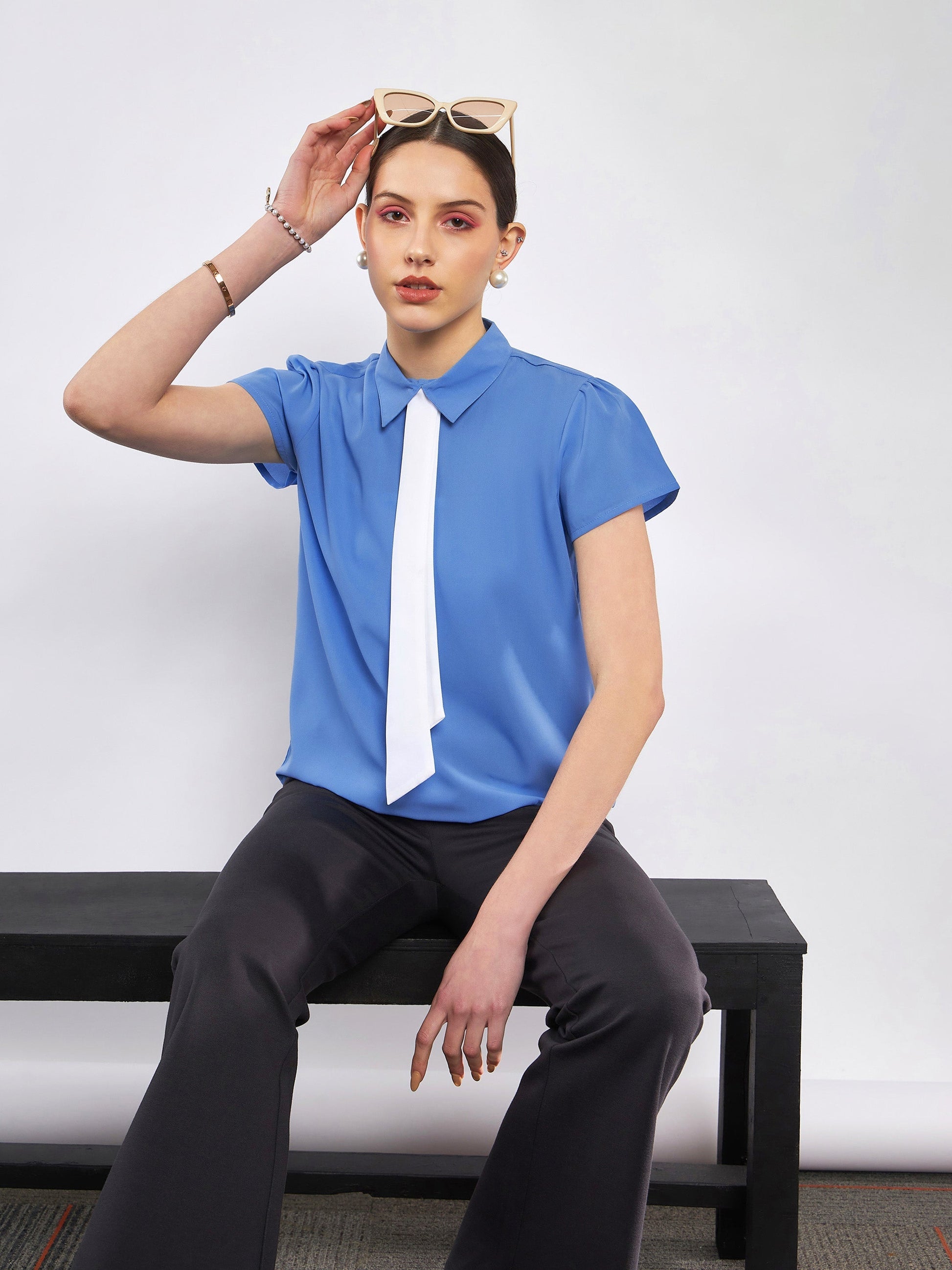Dull Blue Neck Tie Detail Top-SASSAFRAS