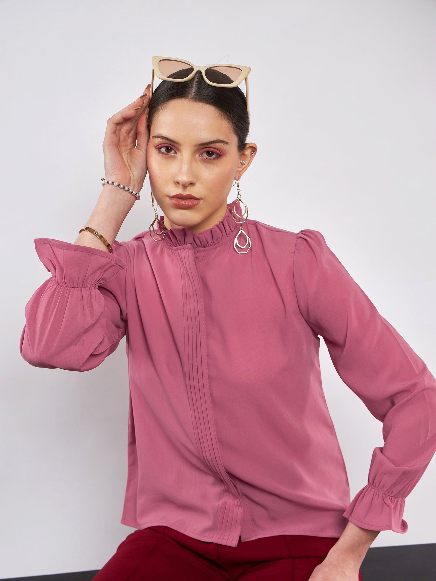 Dull Pink Front Pintuck Top-SASSAFRAS