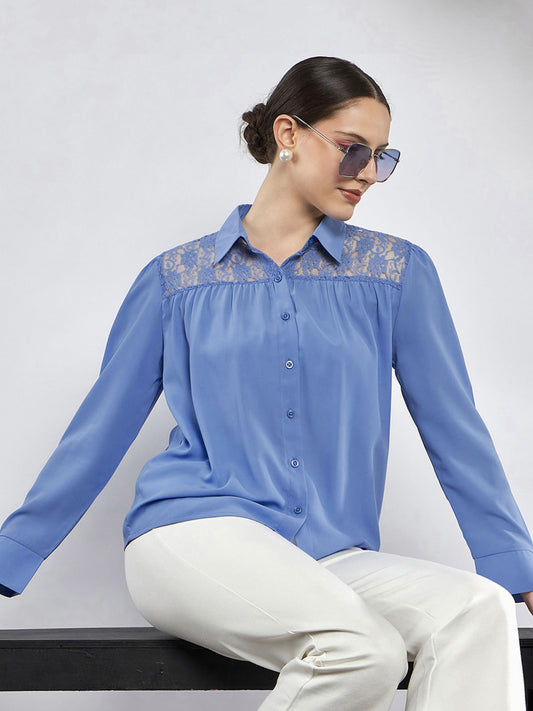 Women Dull Blue Lace Detail Blouse