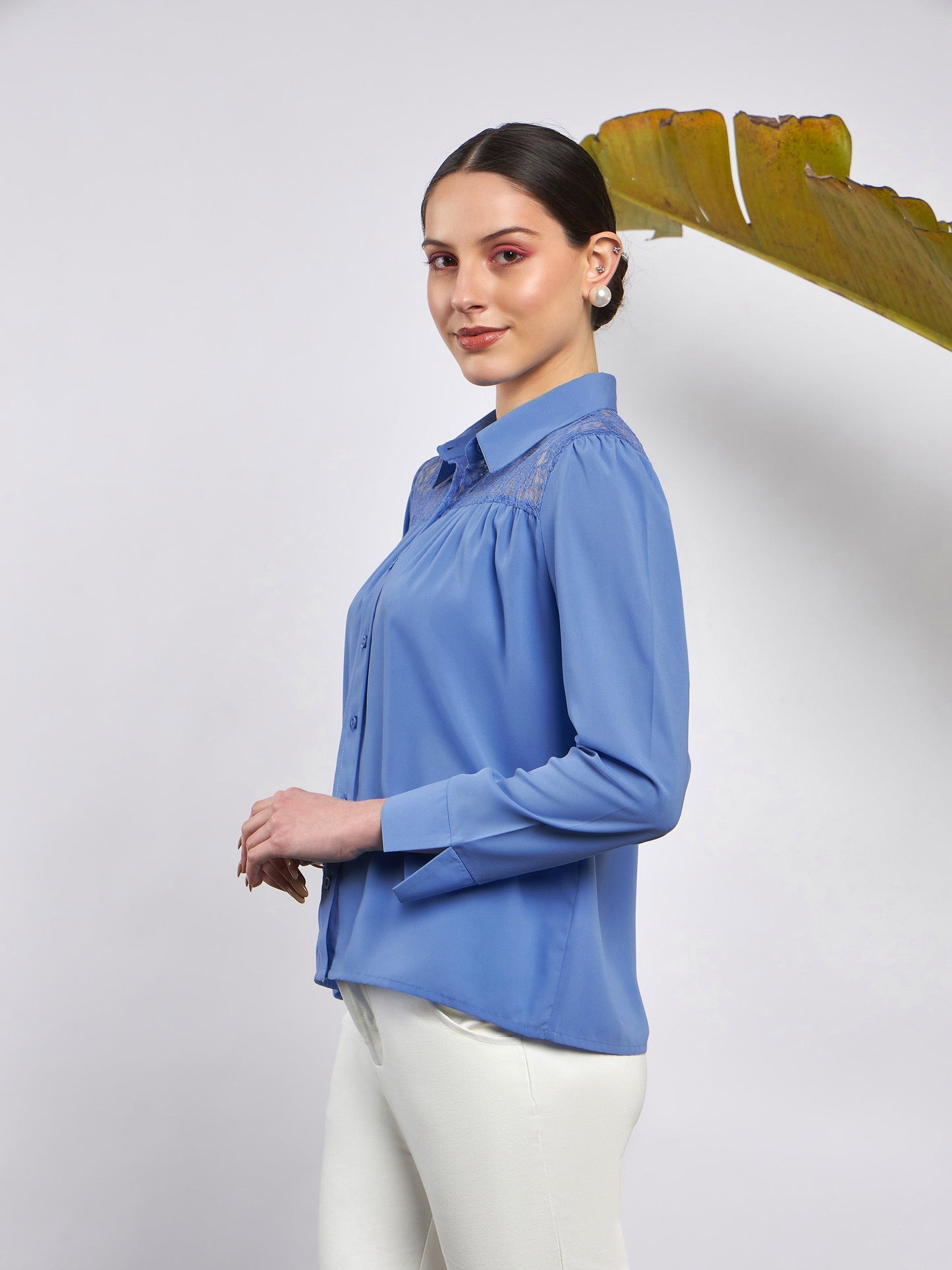 Women Dull Blue Lace Detail Blouse
