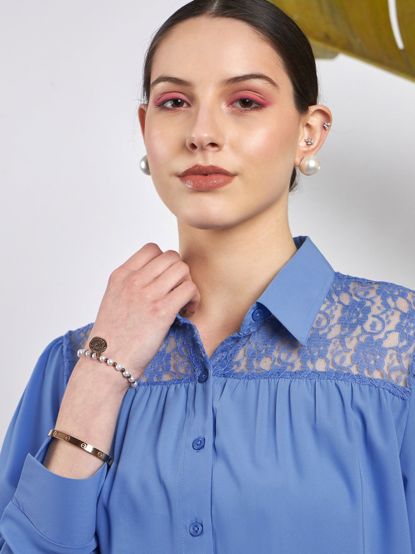 Women Dull Blue Lace Detail Blouse