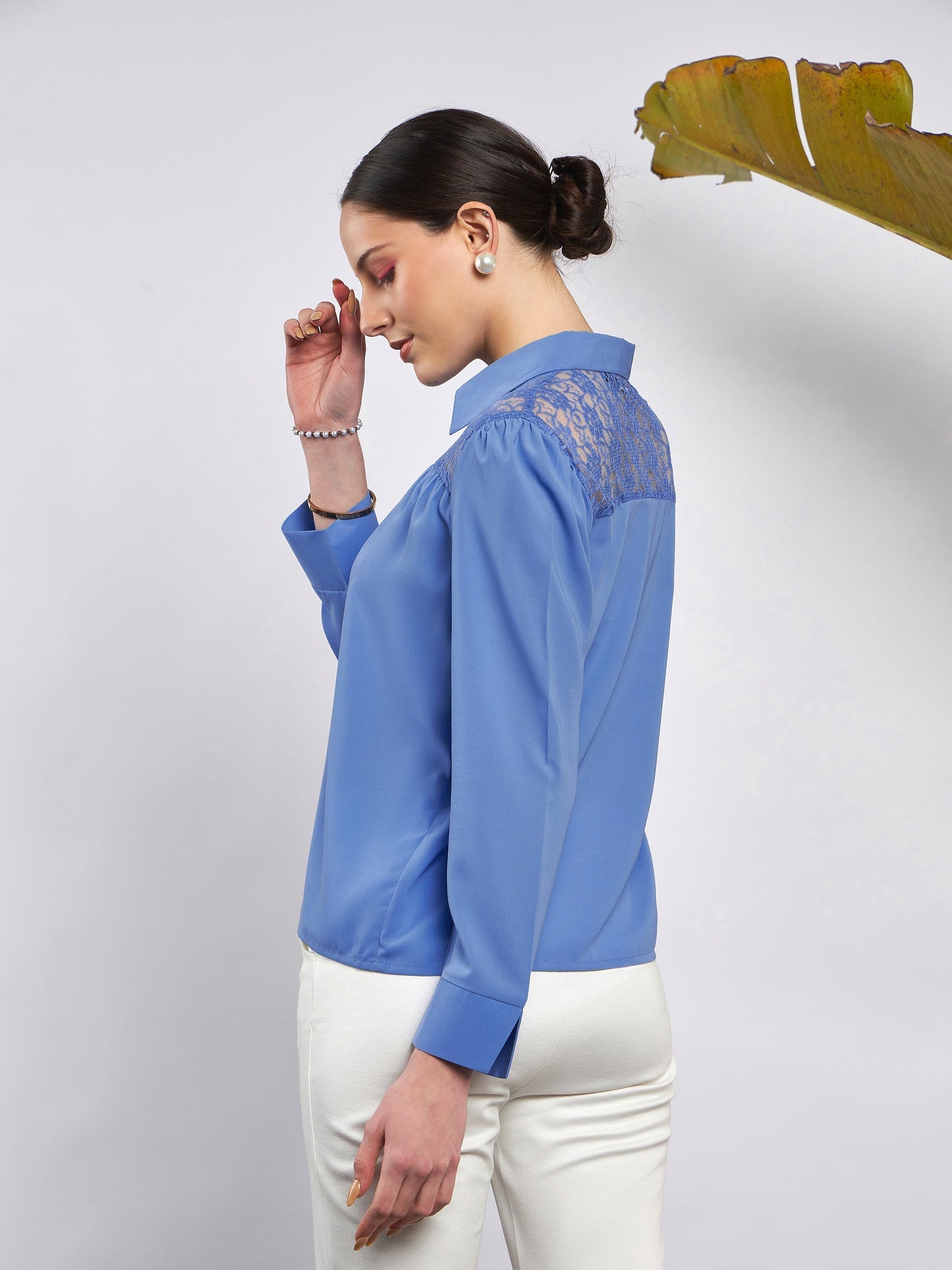 Women Dull Blue Lace Detail Blouse