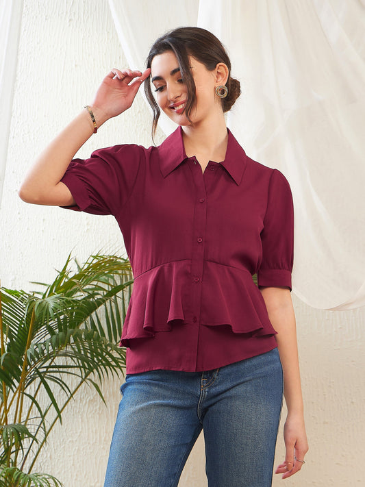 Women Maroon Frill Detail Shirt Style Blouse