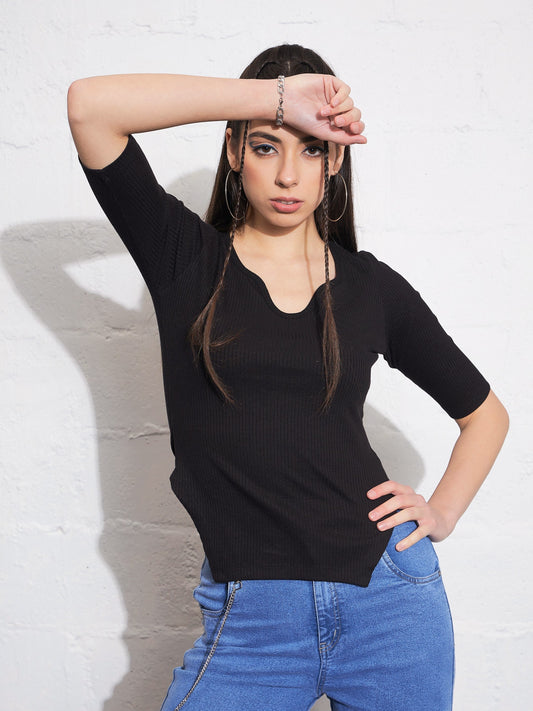 Women Black Rib Sweetheart Neck Shaped Hem Top