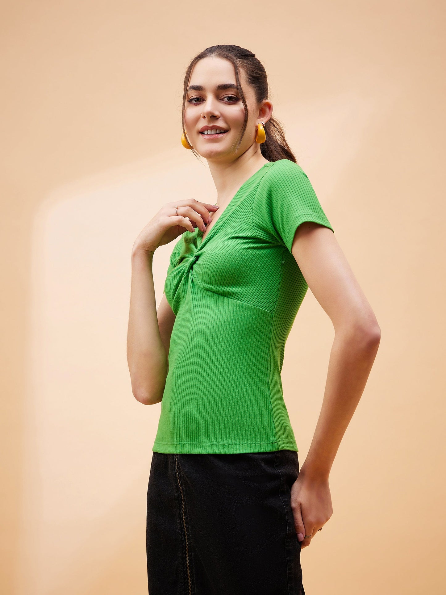 Green Rib Twisted Neck Top-SASSAFRAS BASICS