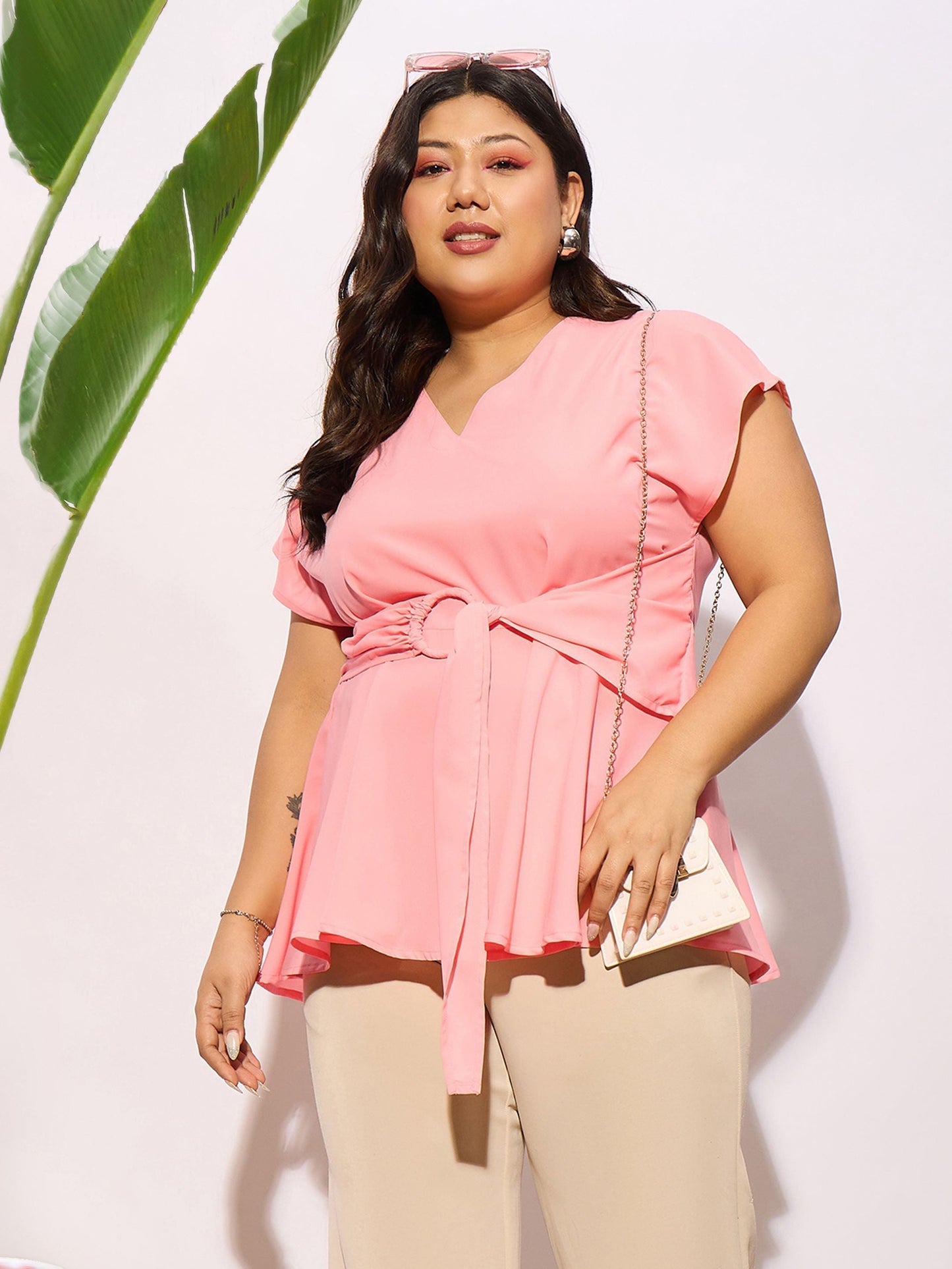 Women Peach Front Knot Peplum Top