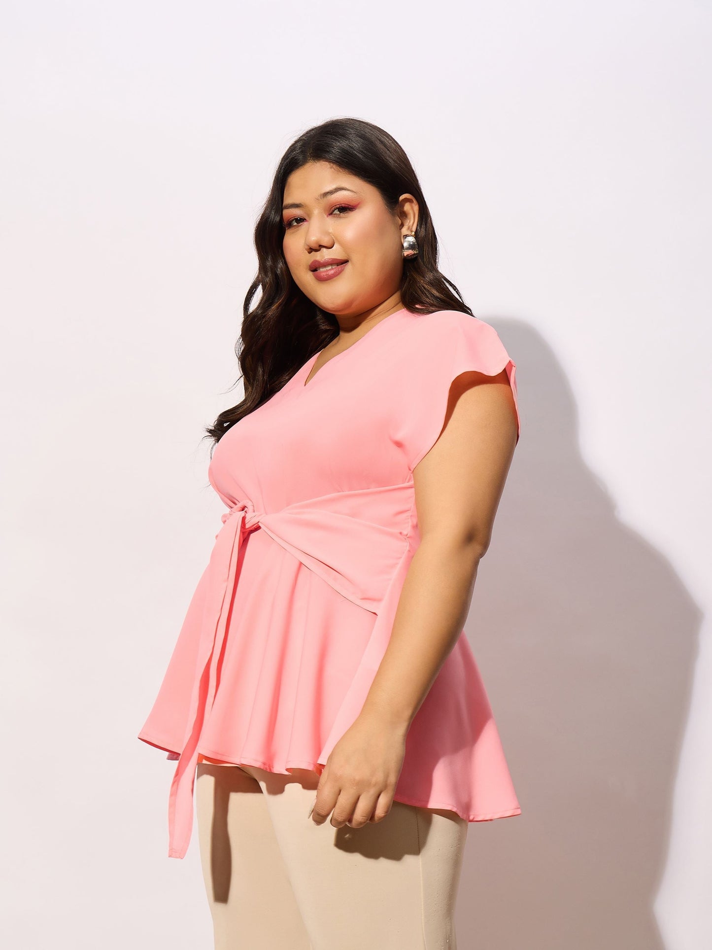 Women Peach Front Knot Peplum Top