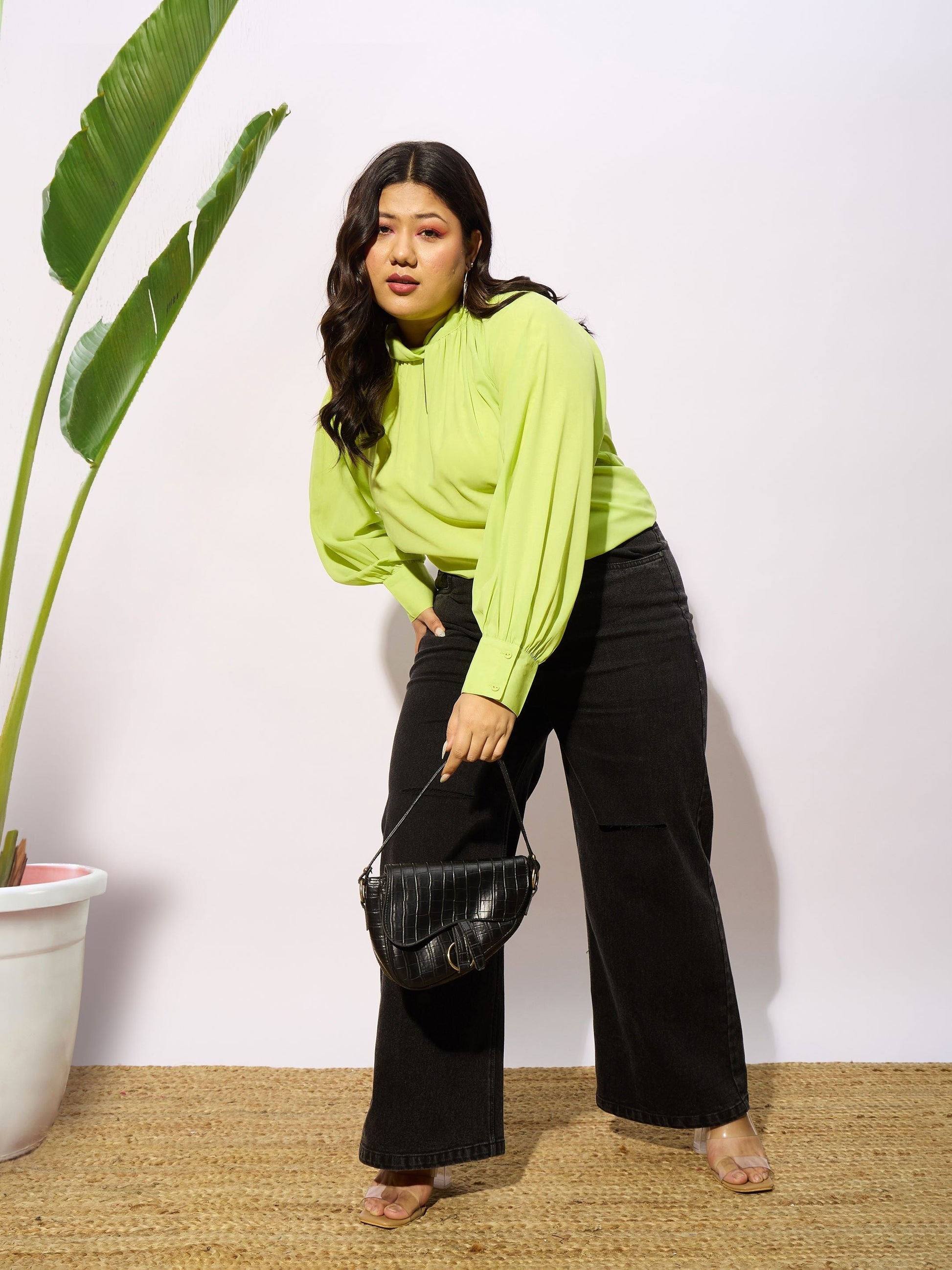 Lime Green Front Twisted Detail Top-SASSAFRAS Curve