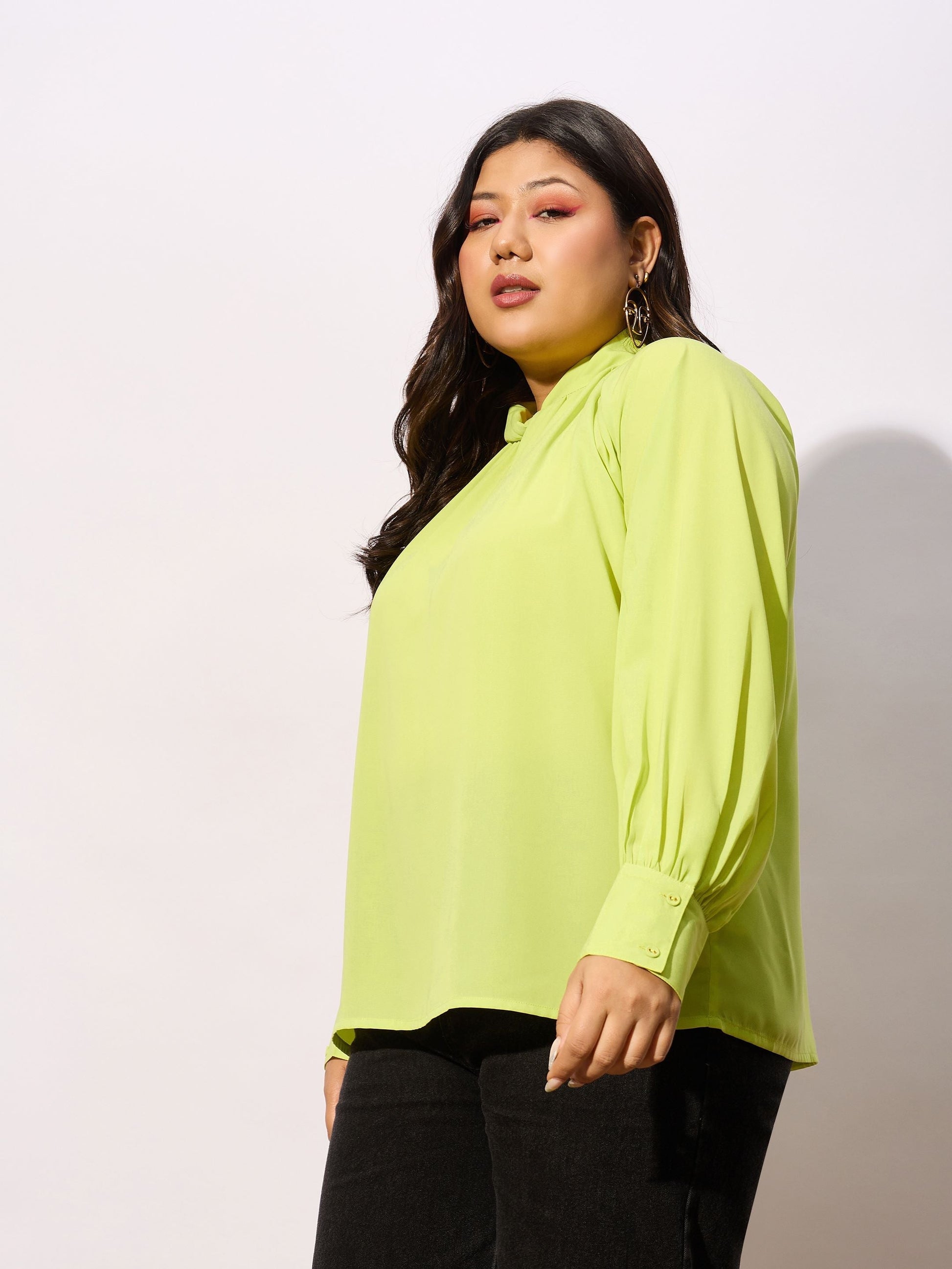 Lime Green Front Twisted Detail Top-SASSAFRAS Curve