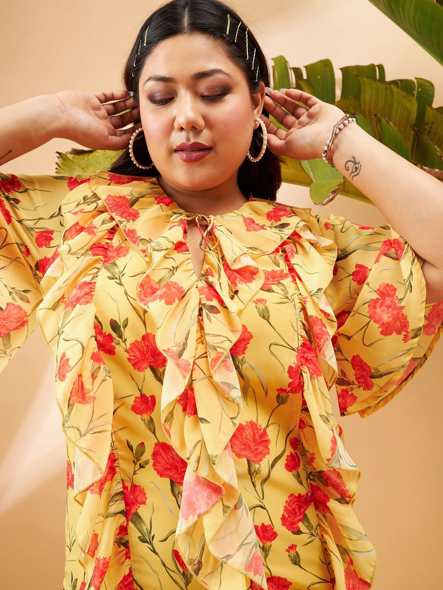 Women Yellow Floral Front Tie-Neck Ruffle Top