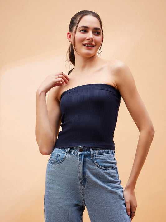 Navy Blue Rib Tube Top-SASSAFRAS BASICS