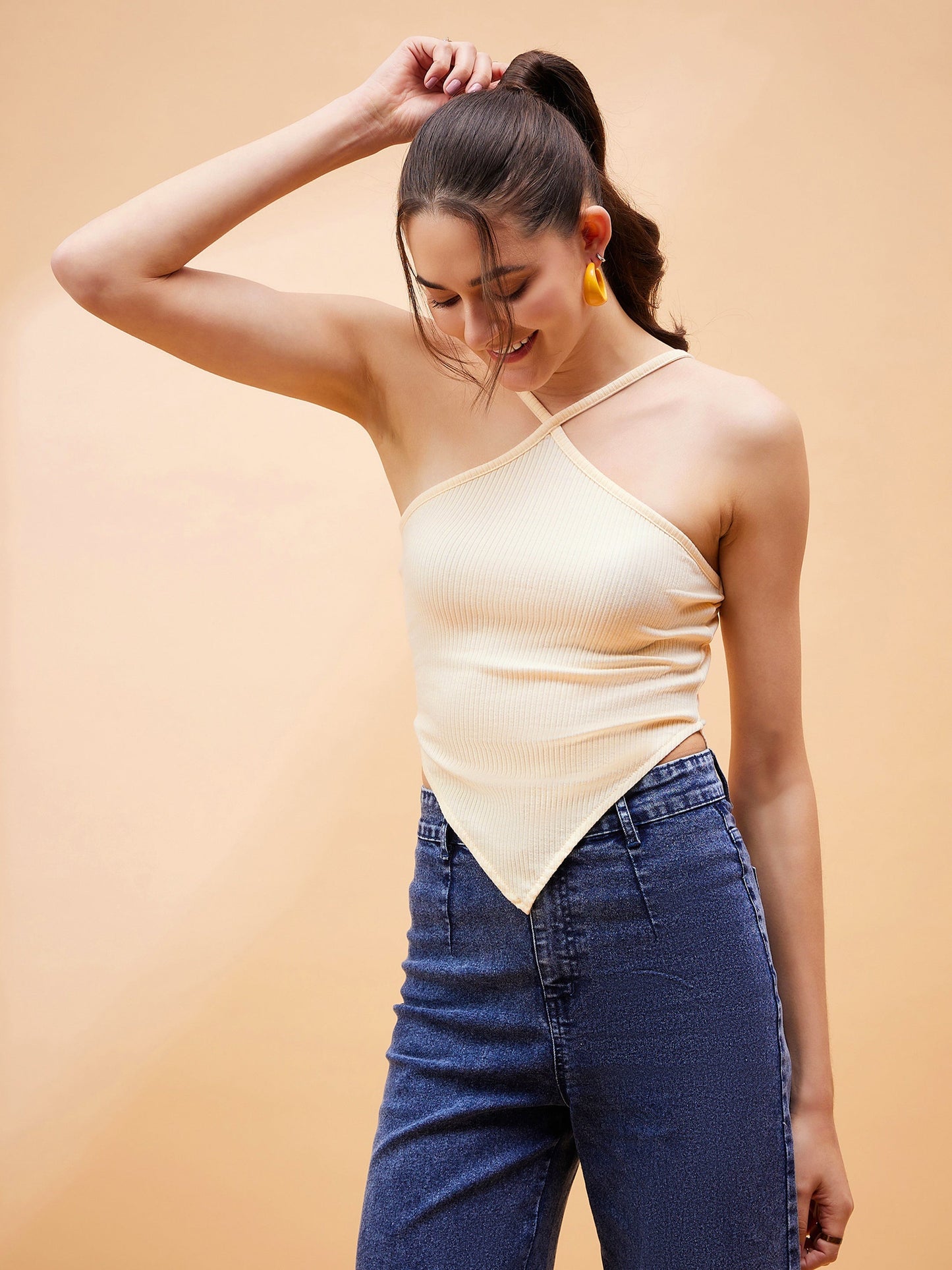 Off White Rib Criss Cross Halter Neck Top-SASSAFRAS BASICS