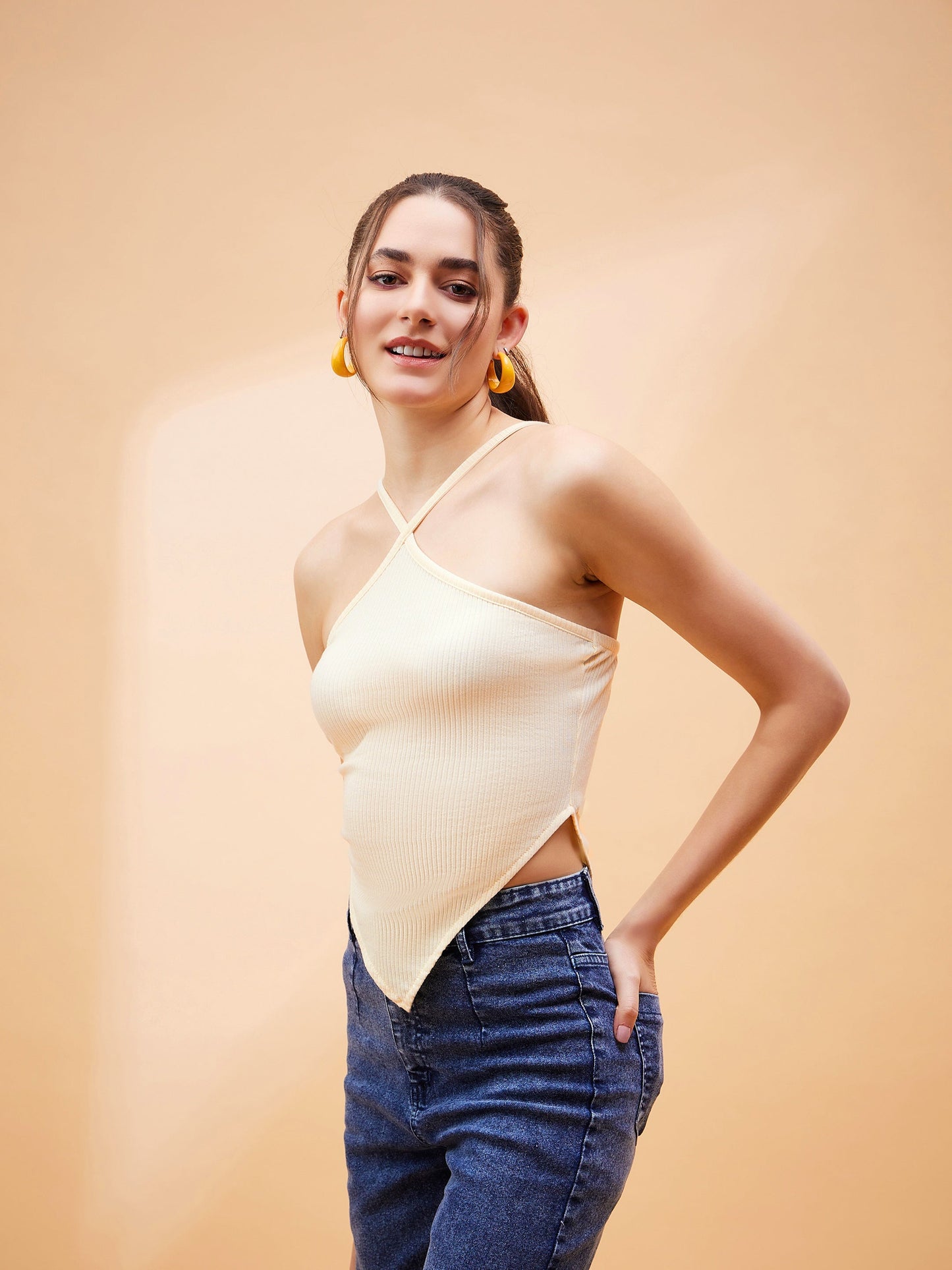 Off White Rib Criss Cross Halter Neck Top-SASSAFRAS BASICS