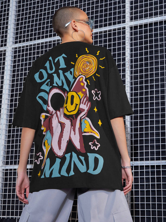 Women Black Out Of My Mind Printed Oversized T-Shirt