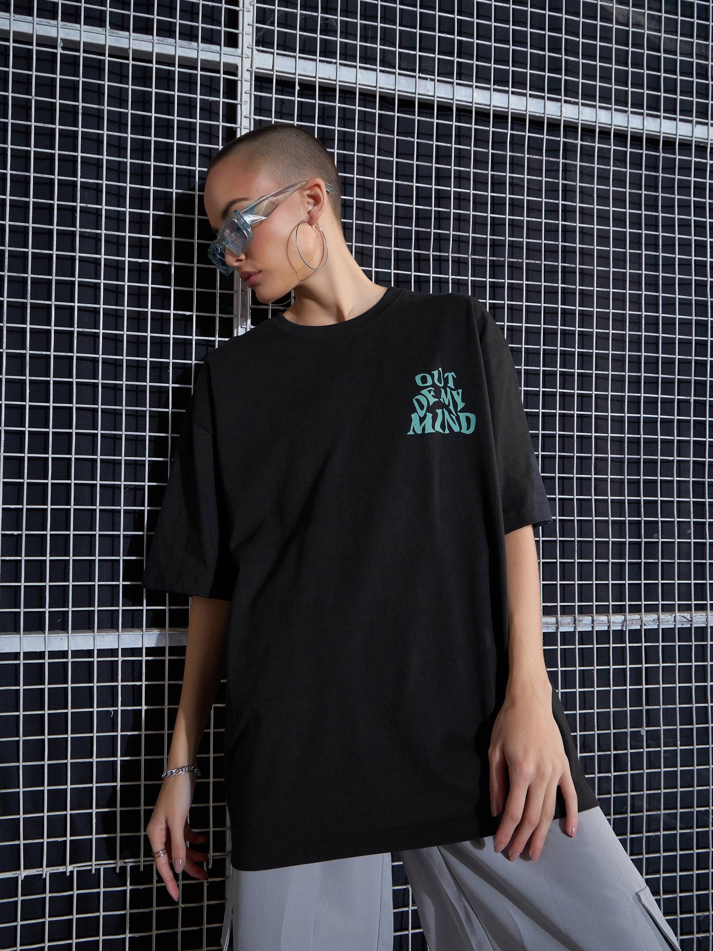 Women Black Out Of My Mind Printed Oversized T-Shirt