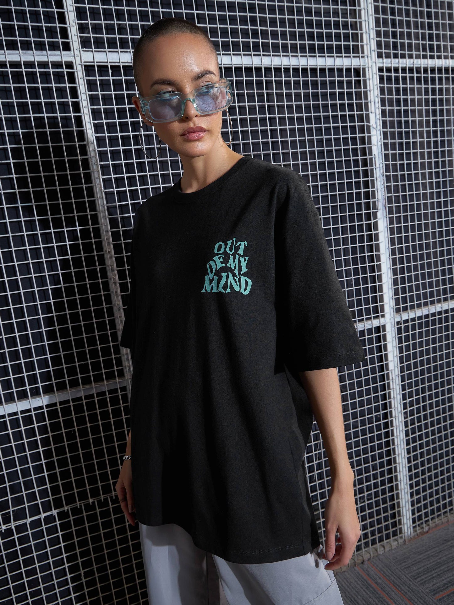 Women Black Out Of My Mind Printed Oversized T-Shirt