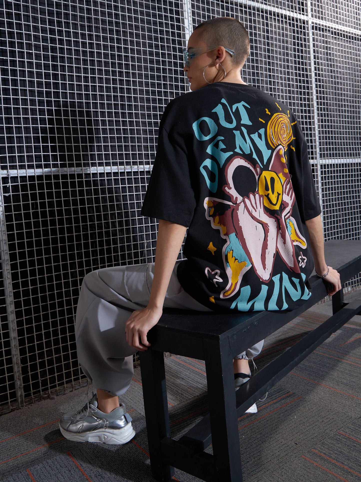 Women Black Out Of My Mind Printed Oversized T-Shirt