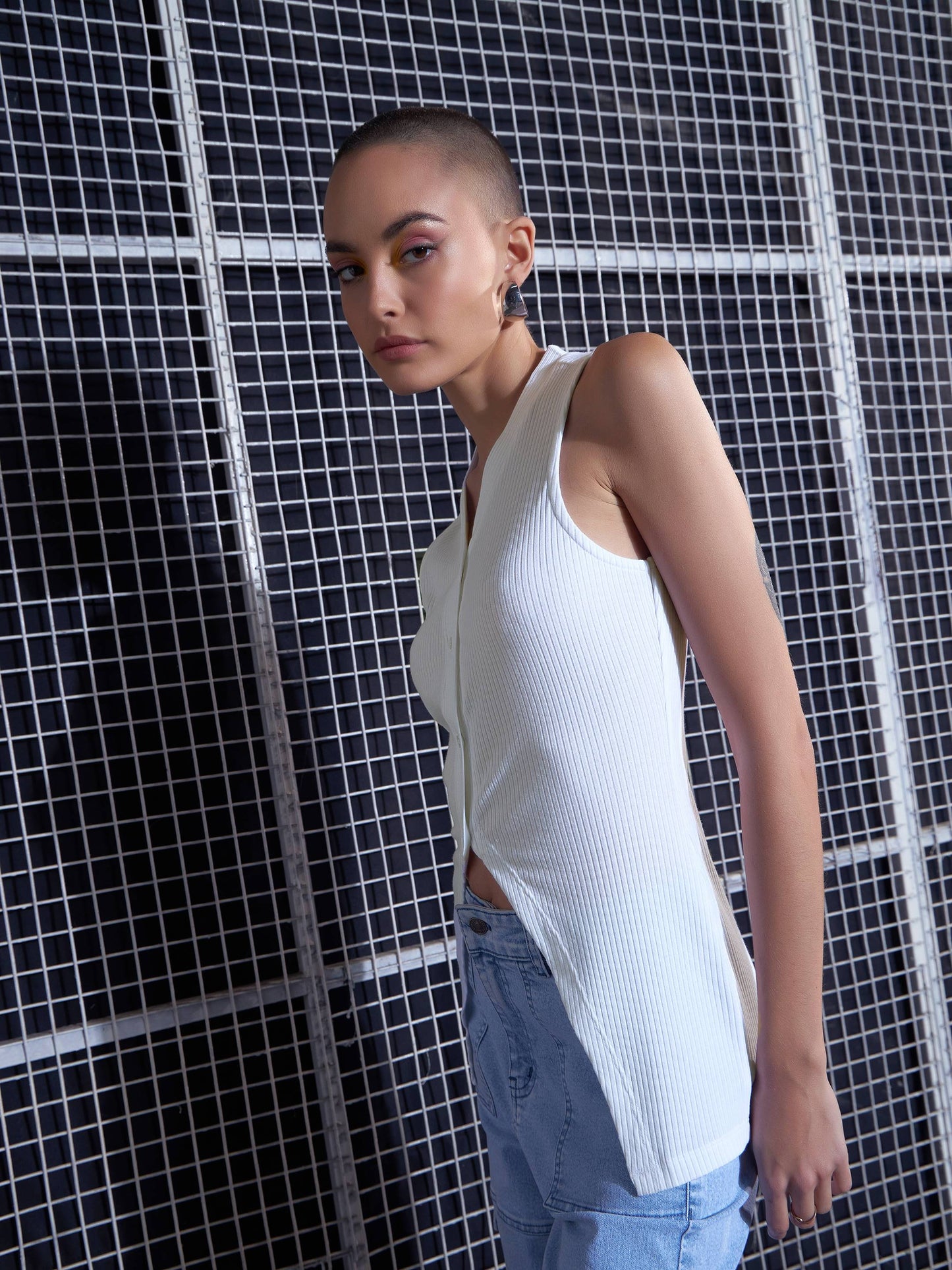 Women White Rib Front Button Sleeveless Top