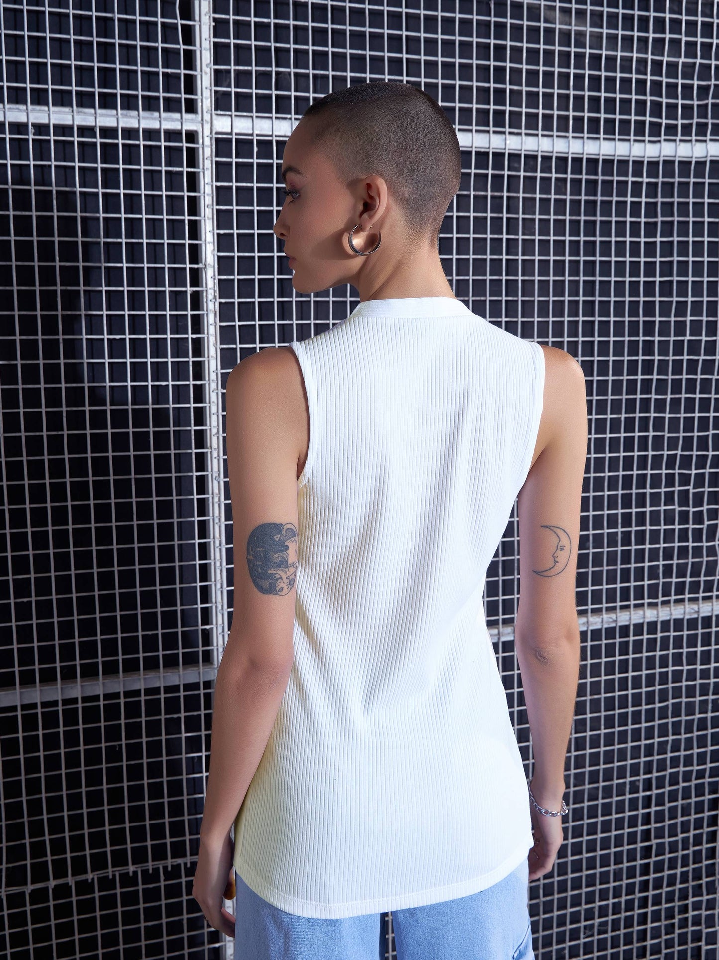 Women White Rib Front Button Sleeveless Top