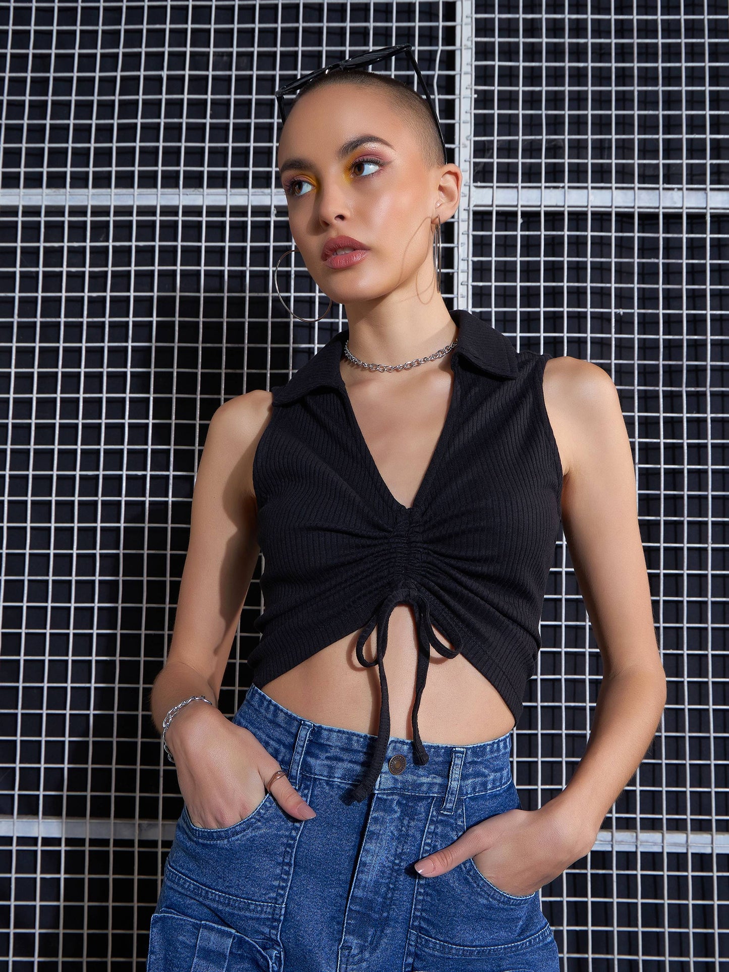 Black Rib Front Rouched Tank Top -SASSAFRAS