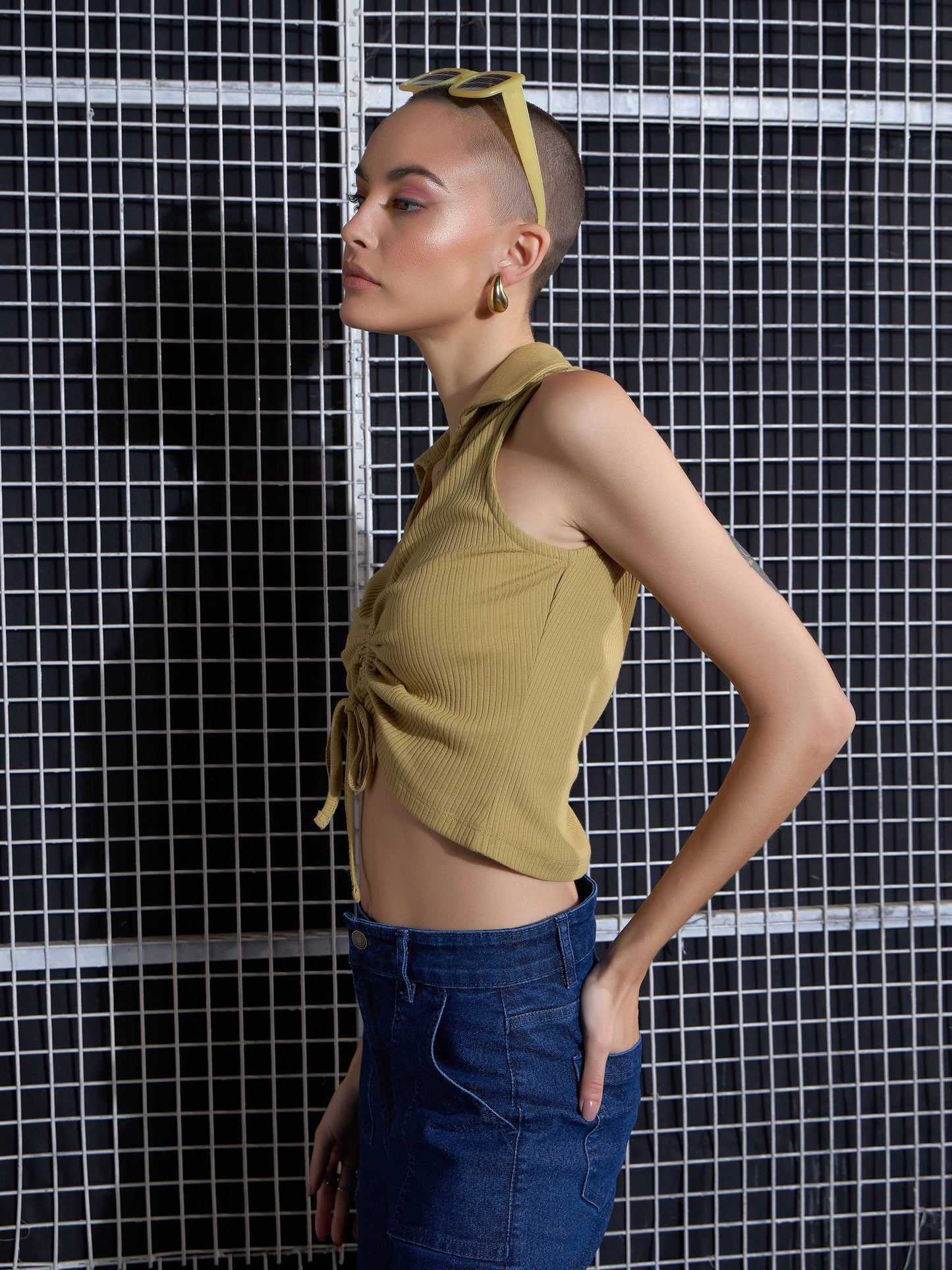 Khaki Rib Front Rouched Tank Top -SASSAFRAS