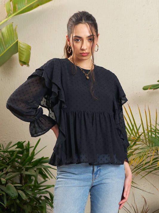 Black Dobby Ruffle Top-SASSAFRAS