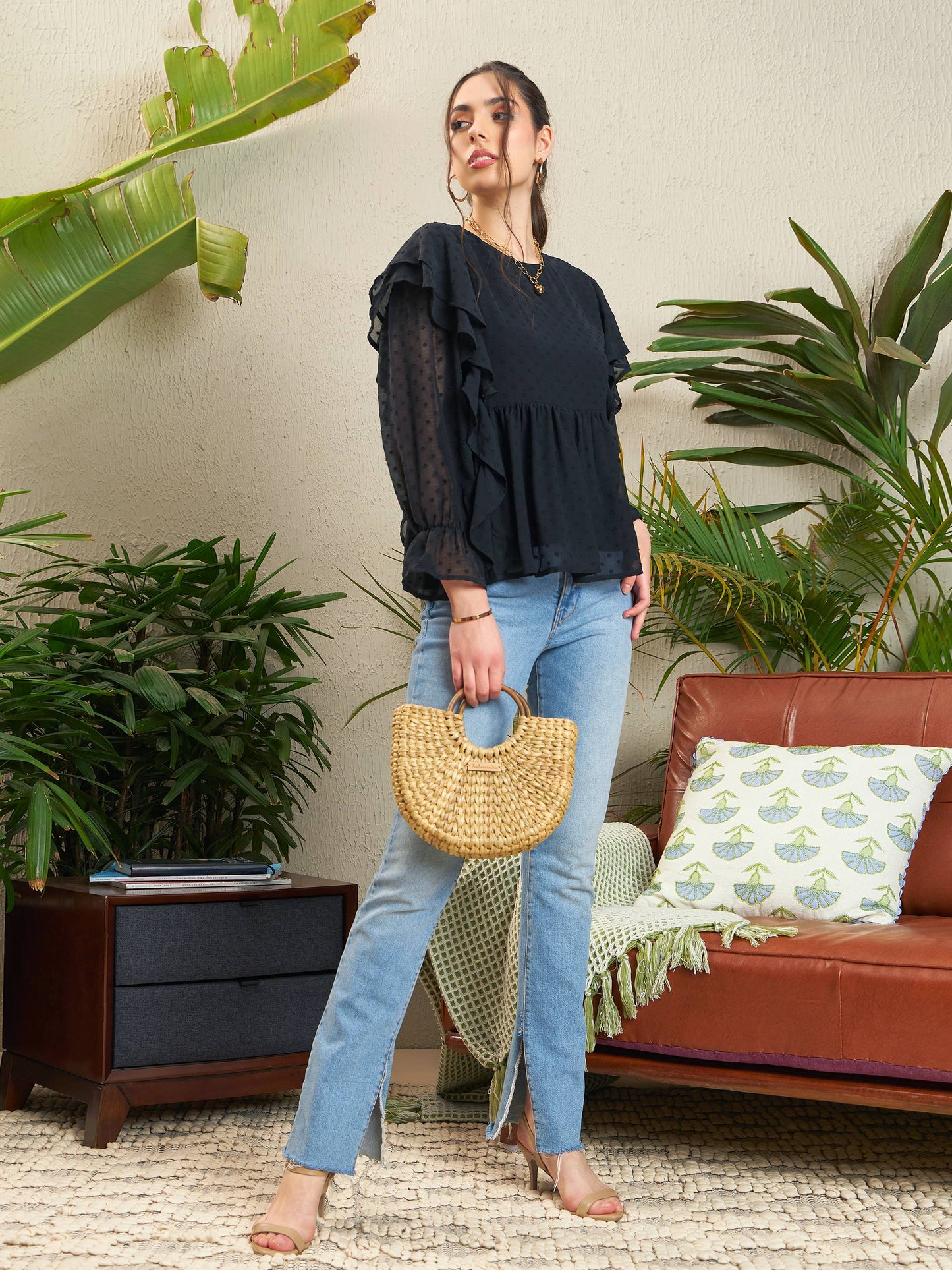 Black Dobby Ruffle Top-SASSAFRAS