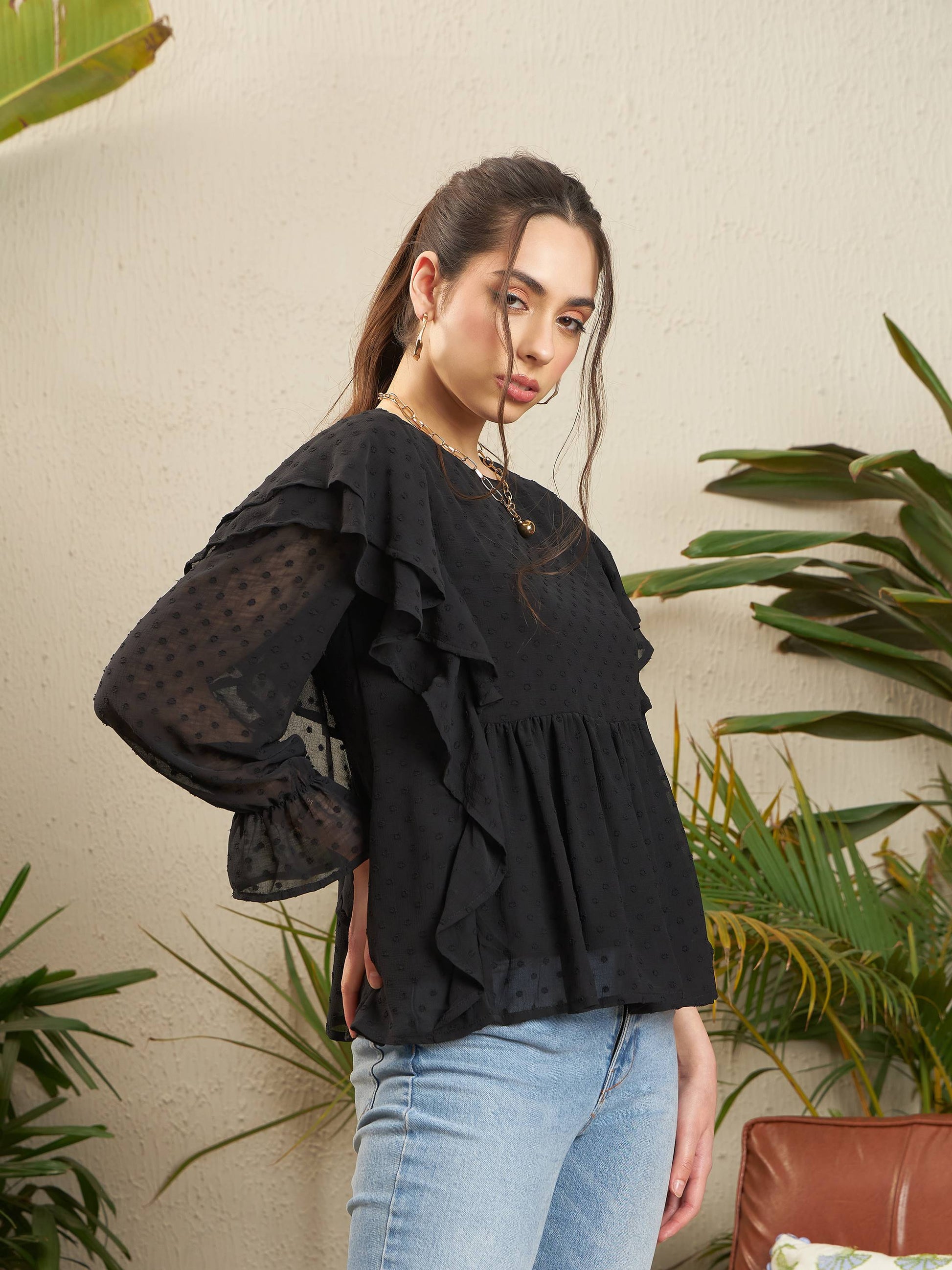 Black Dobby Ruffle Top-SASSAFRAS